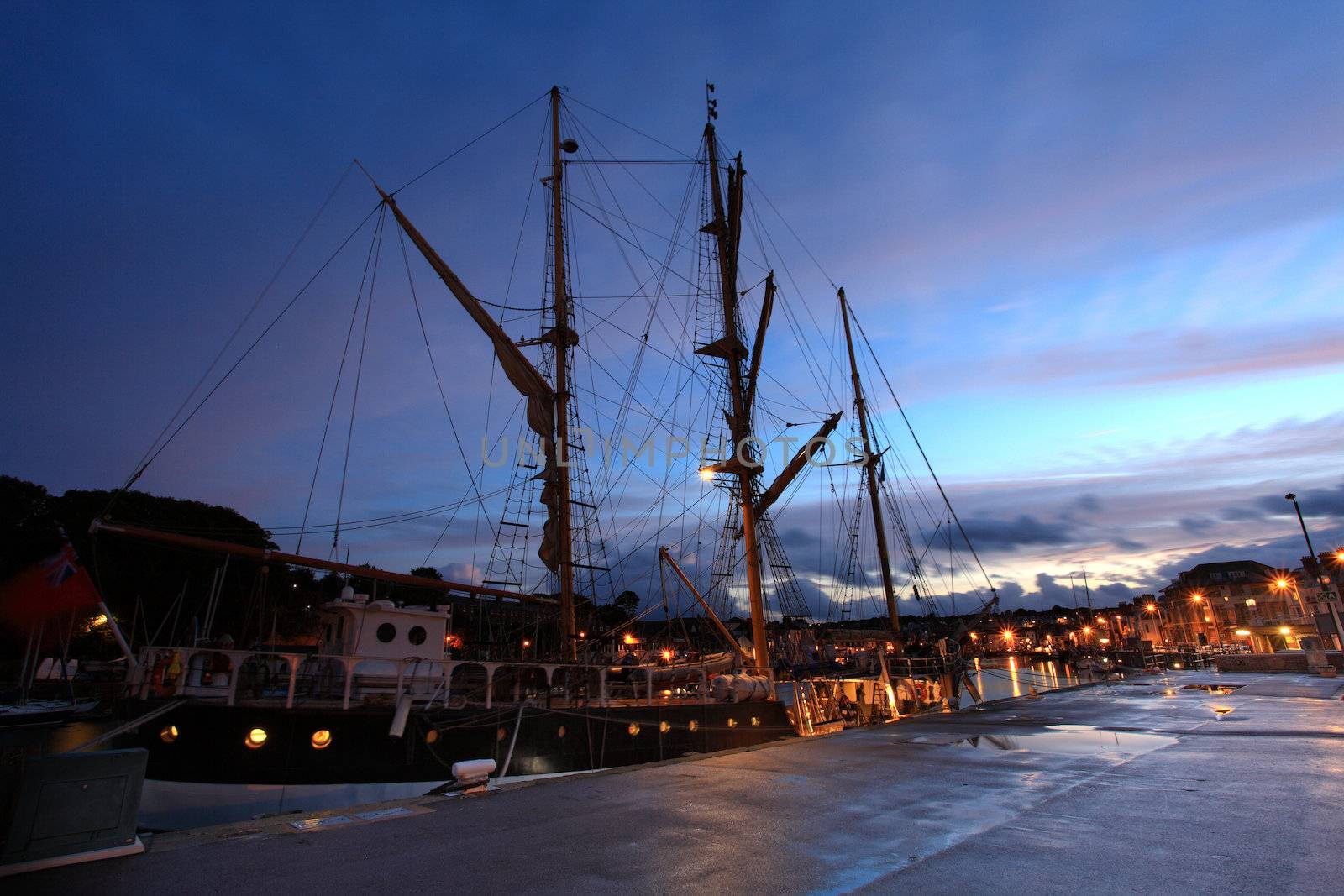 The Pelican Sailing Ship in Weymouth Quay at Sunset