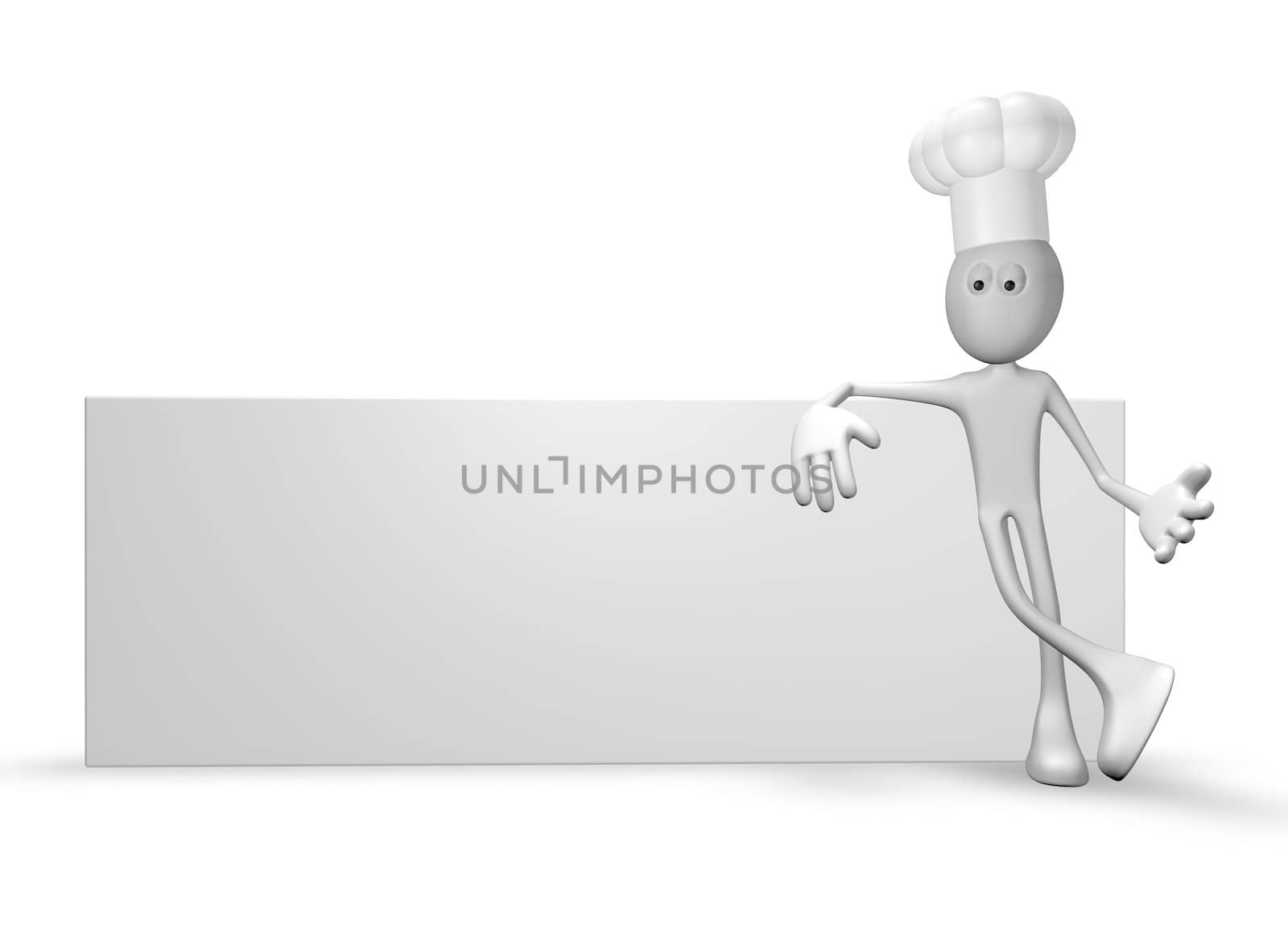 cartoon guy with cook hat leans on blank white board - 3d illustration