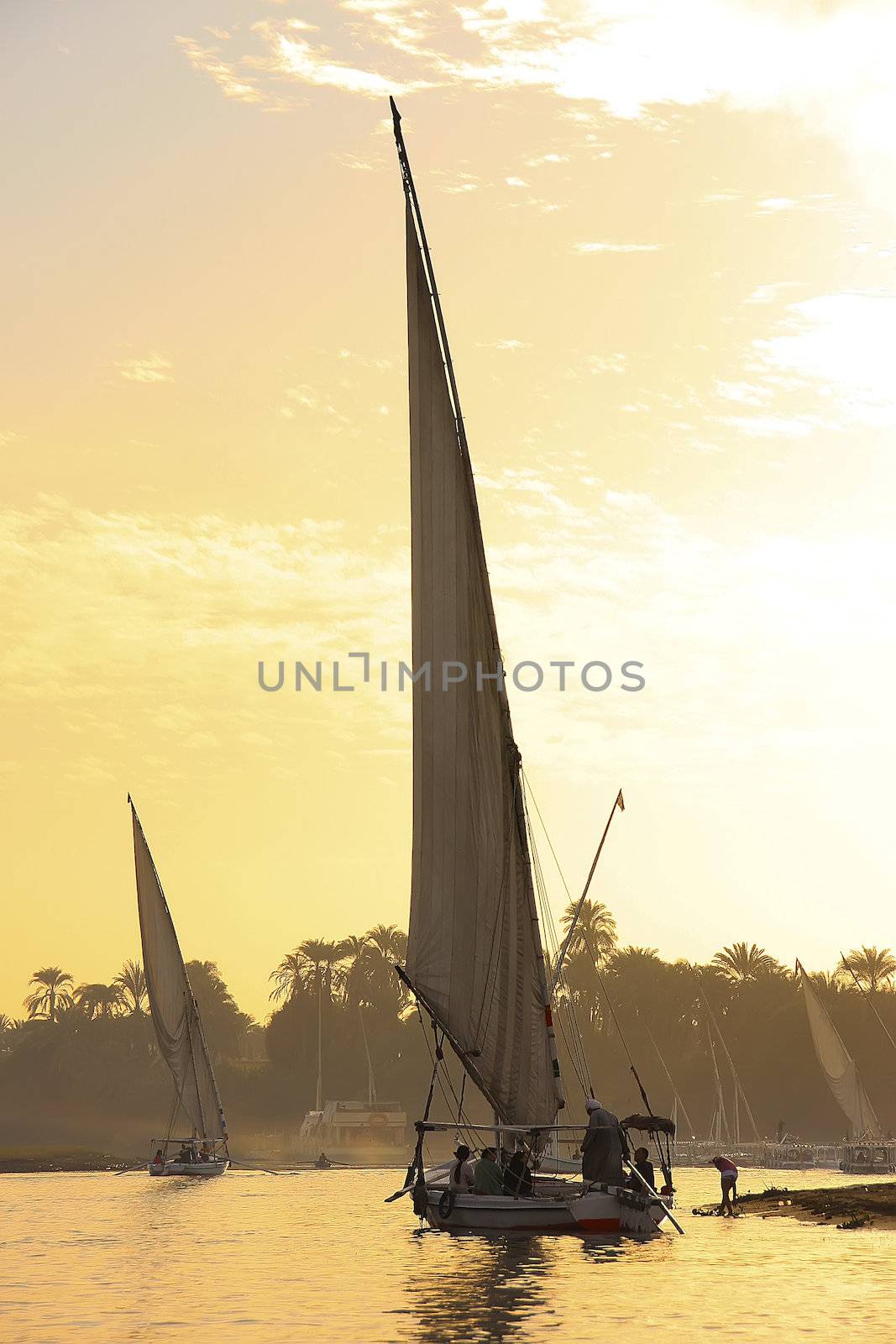 Felucca boats sailing on the Nile river at sunset, Luxor, Egypt