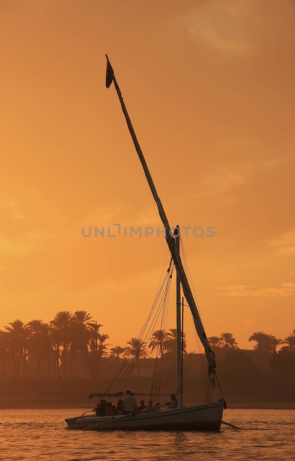 Felucca boat sailing on the Nile river at sunset, Luxor, Egypt