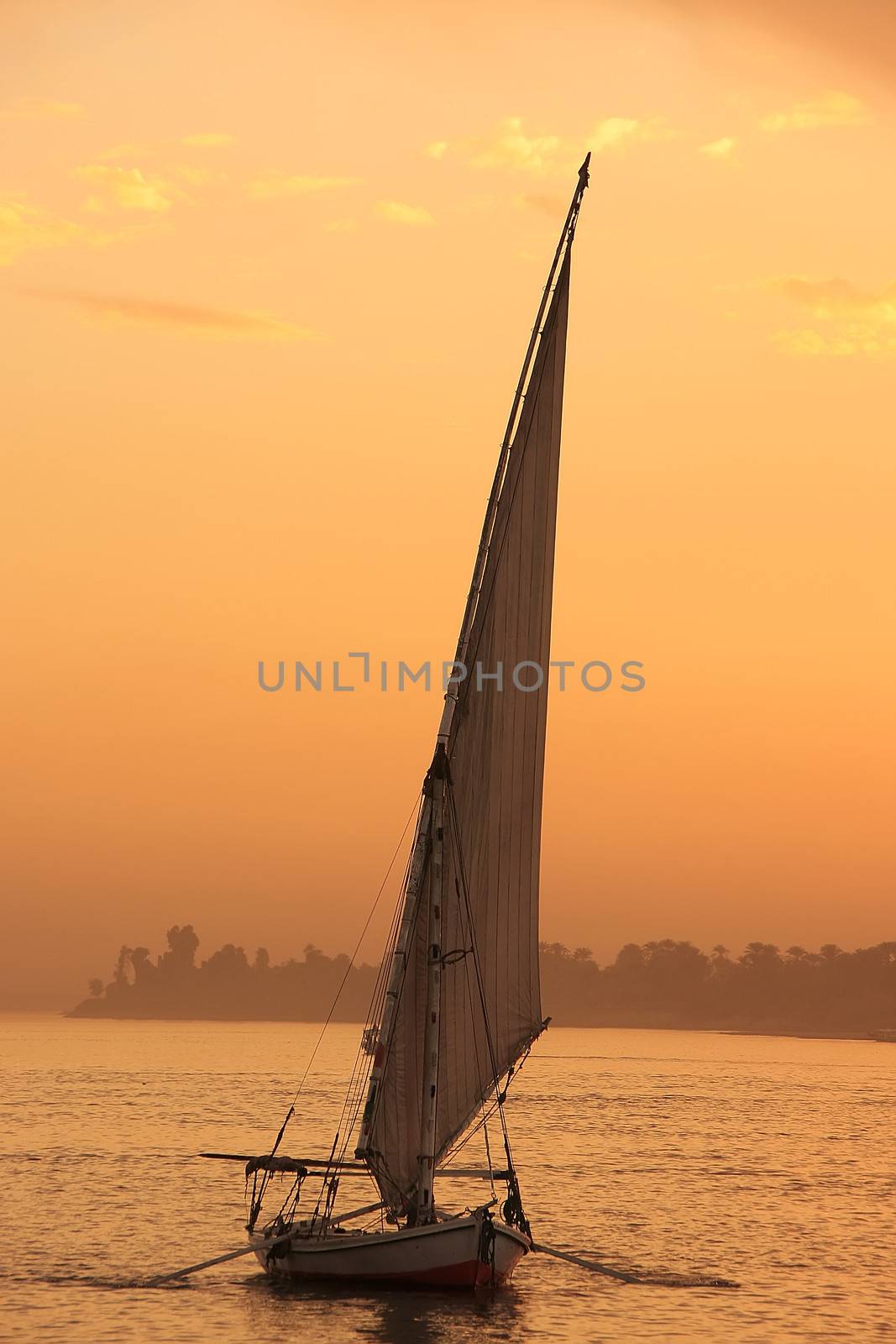 Felucca boat sailing on the Nile river at sunset, Luxor, Egypt