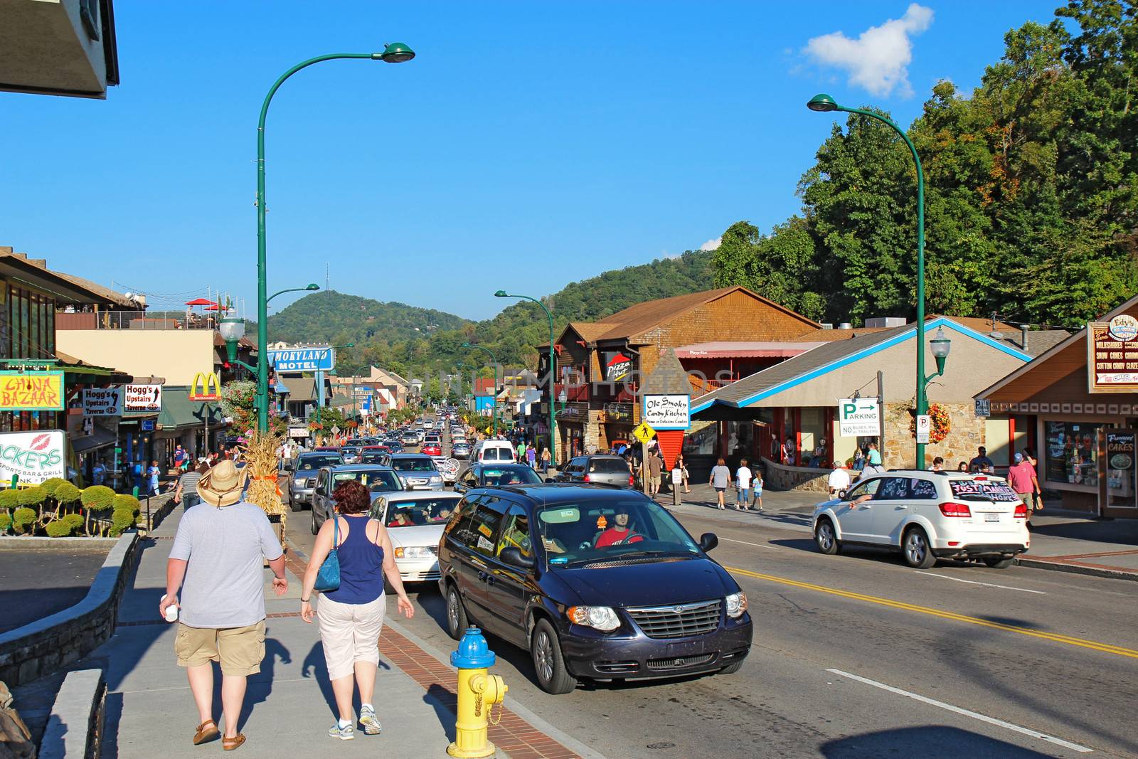 GATLINBURG, TENNESSEE - OCTOBER 5: Tourists and traffic in Gatlinburg, Tennessee on October 5, 2013. Gatlinburg is a major tourist destination and gateway to the Great Smoky Mountains National Park.