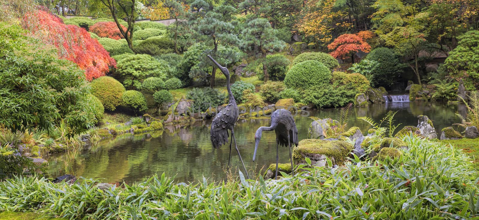 Japanese Bronze Cranes Sculpture Pair by Water Pond with Trees Plants and Shrubs in the Fall Panorama