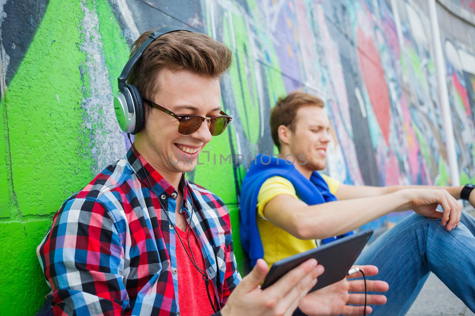 Portrait of happy teens boy near painted wall listening to music