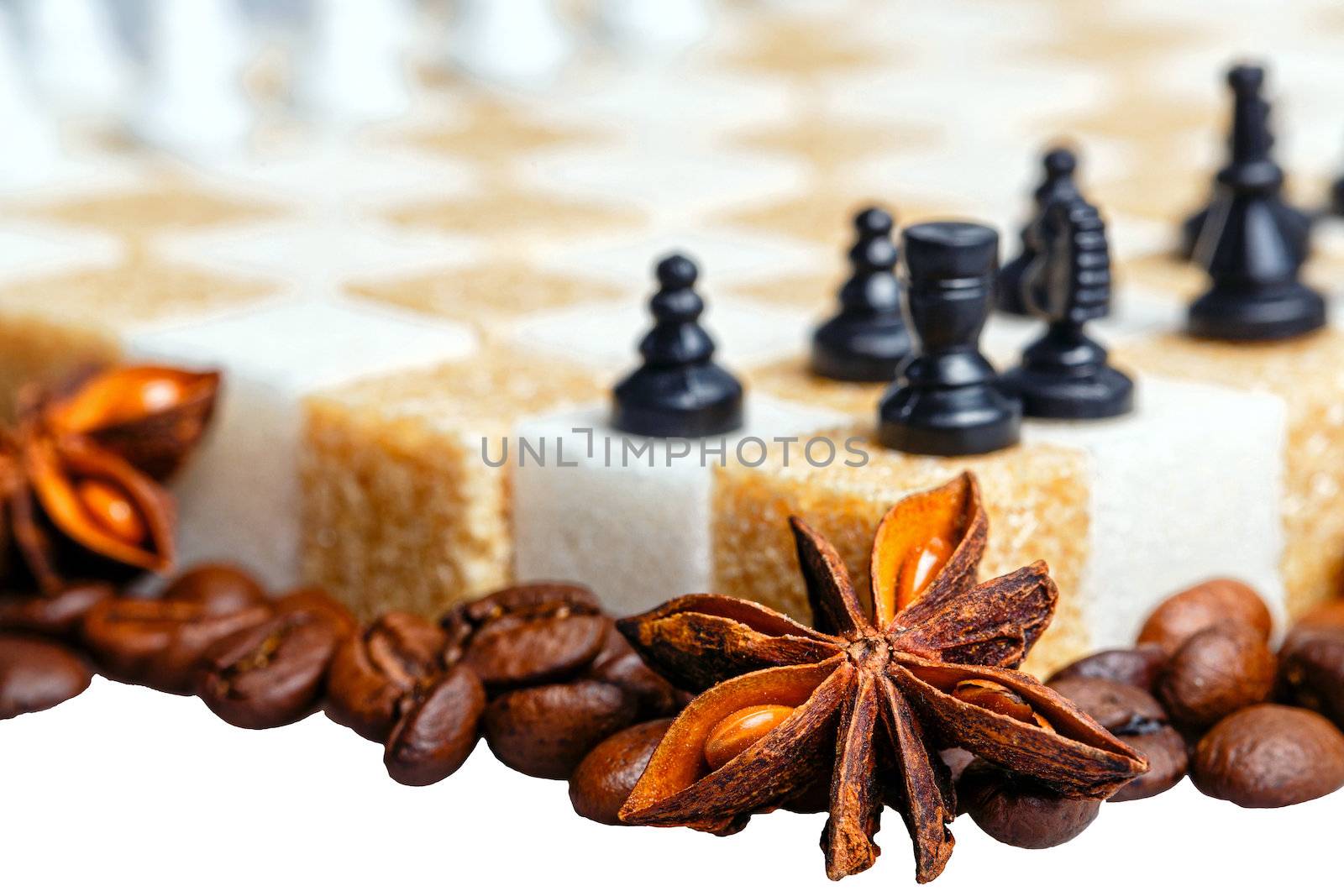 Checkerboard of refined sugar pasted coffee beans close-up shot