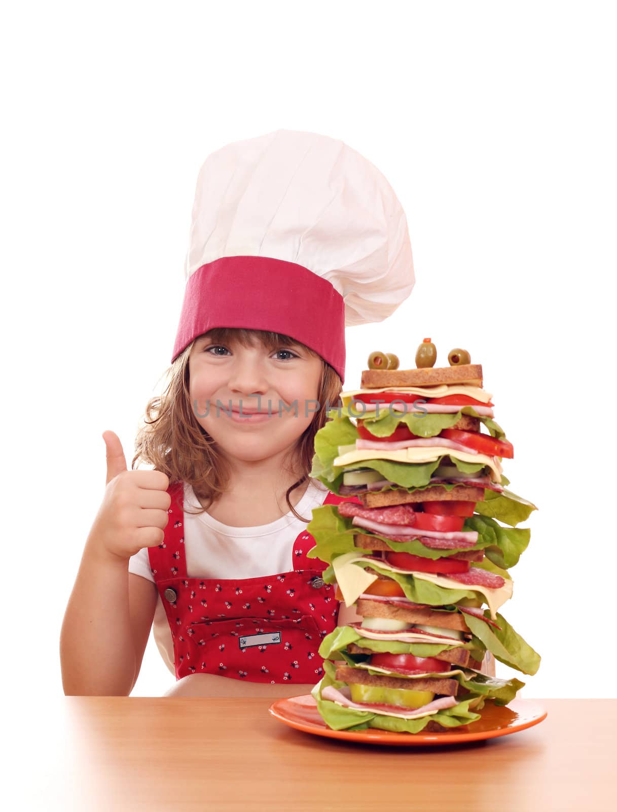 little girl cook with tall sandwich and thumb up by goce
