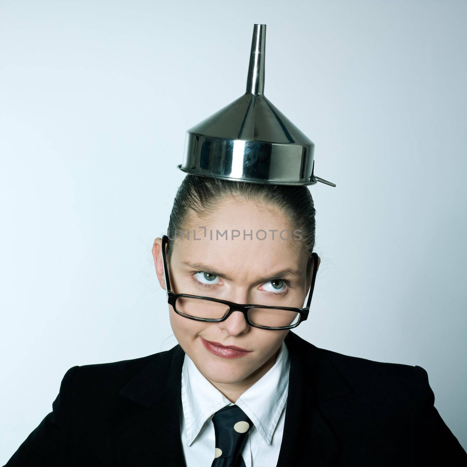 studio shot portrait of one caucasian young crazy business woman  with funnel