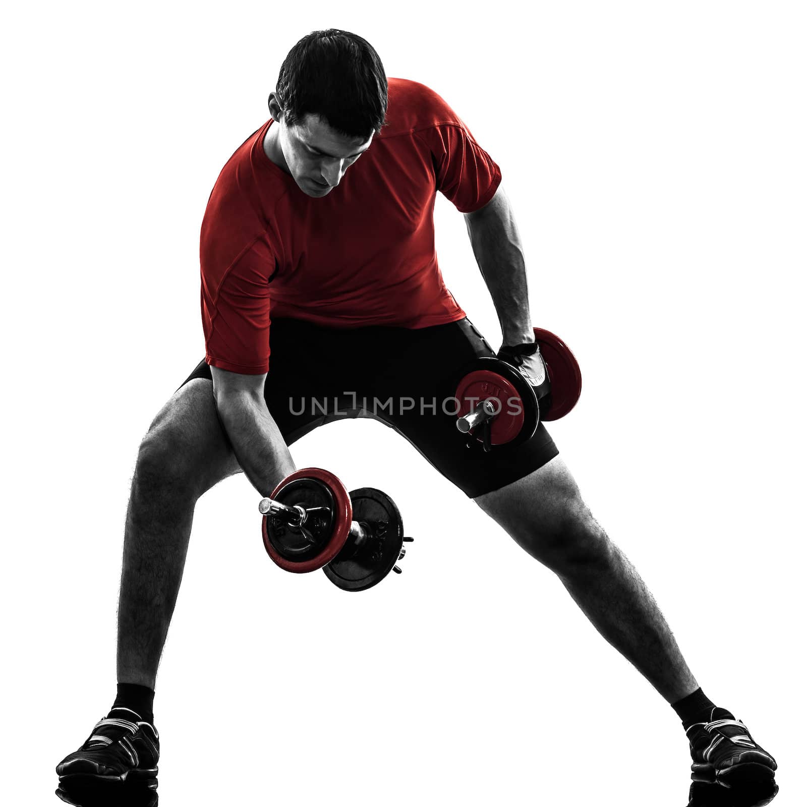 one caucasian man exercising weight training   on white background