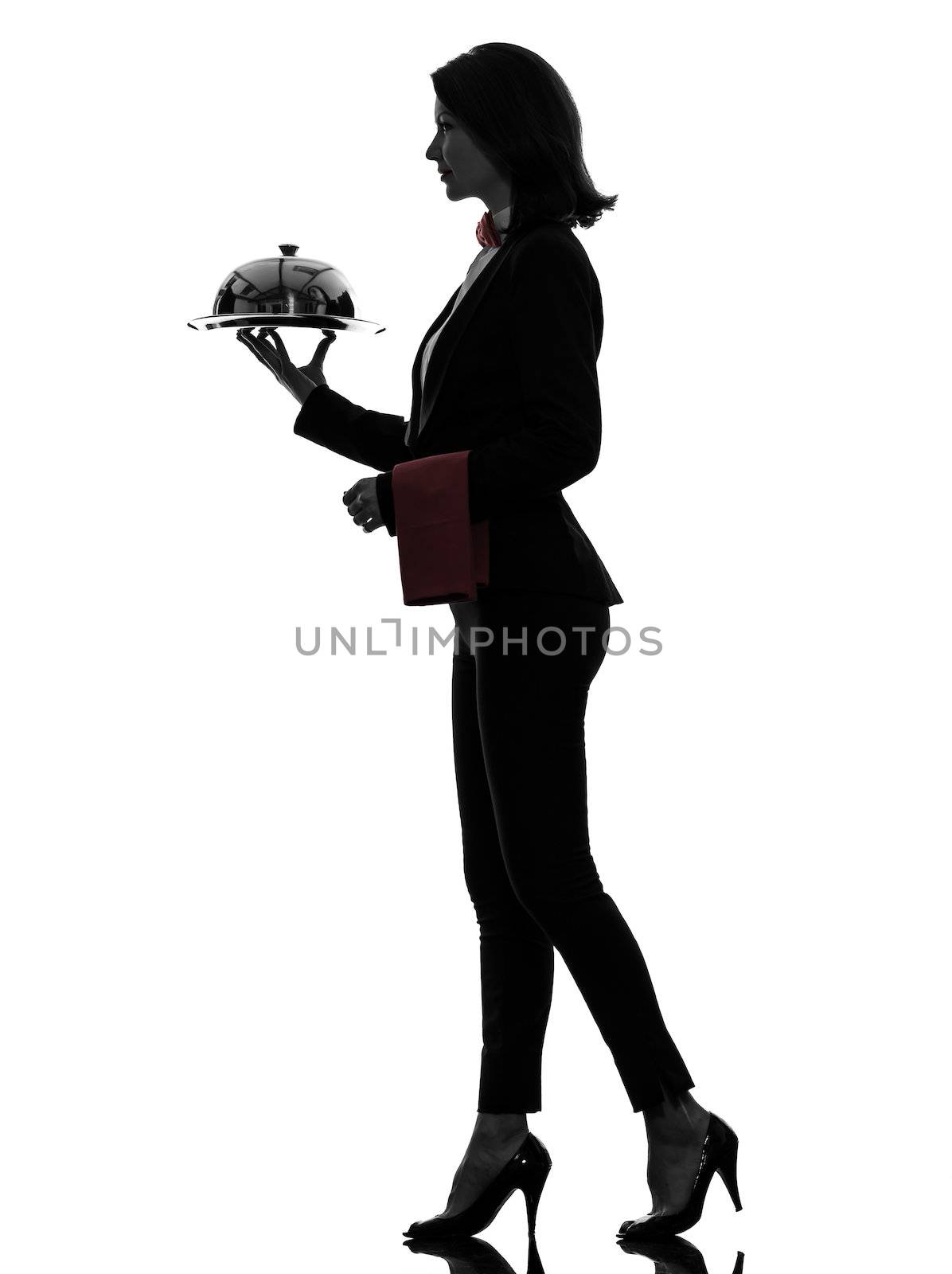 one caucasian woman waiter butler serving dinner with catering dome in silhouette  on white background