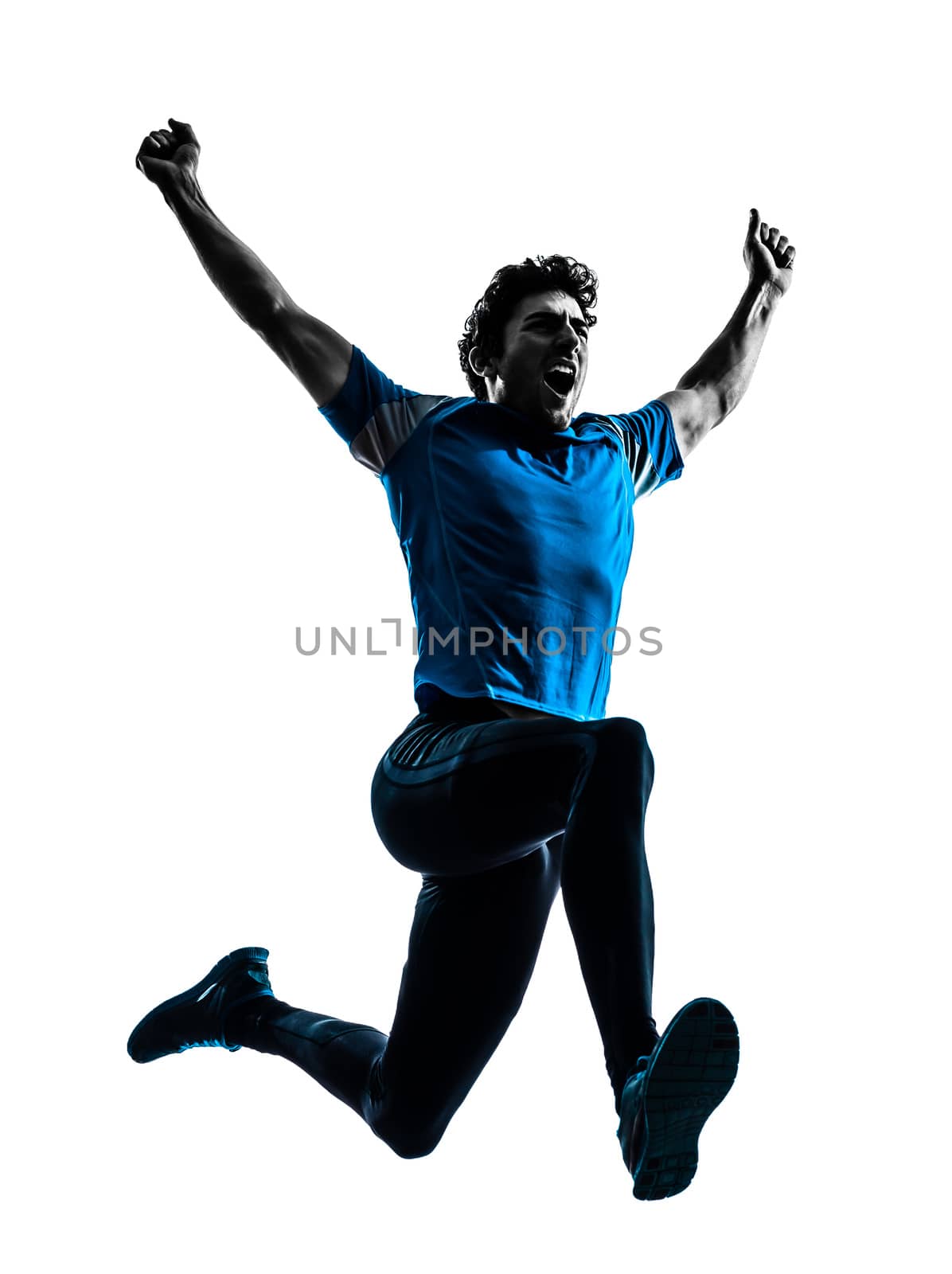 one caucasian man  running sprinting jogging shouting  in silhouette studio isolated on white background