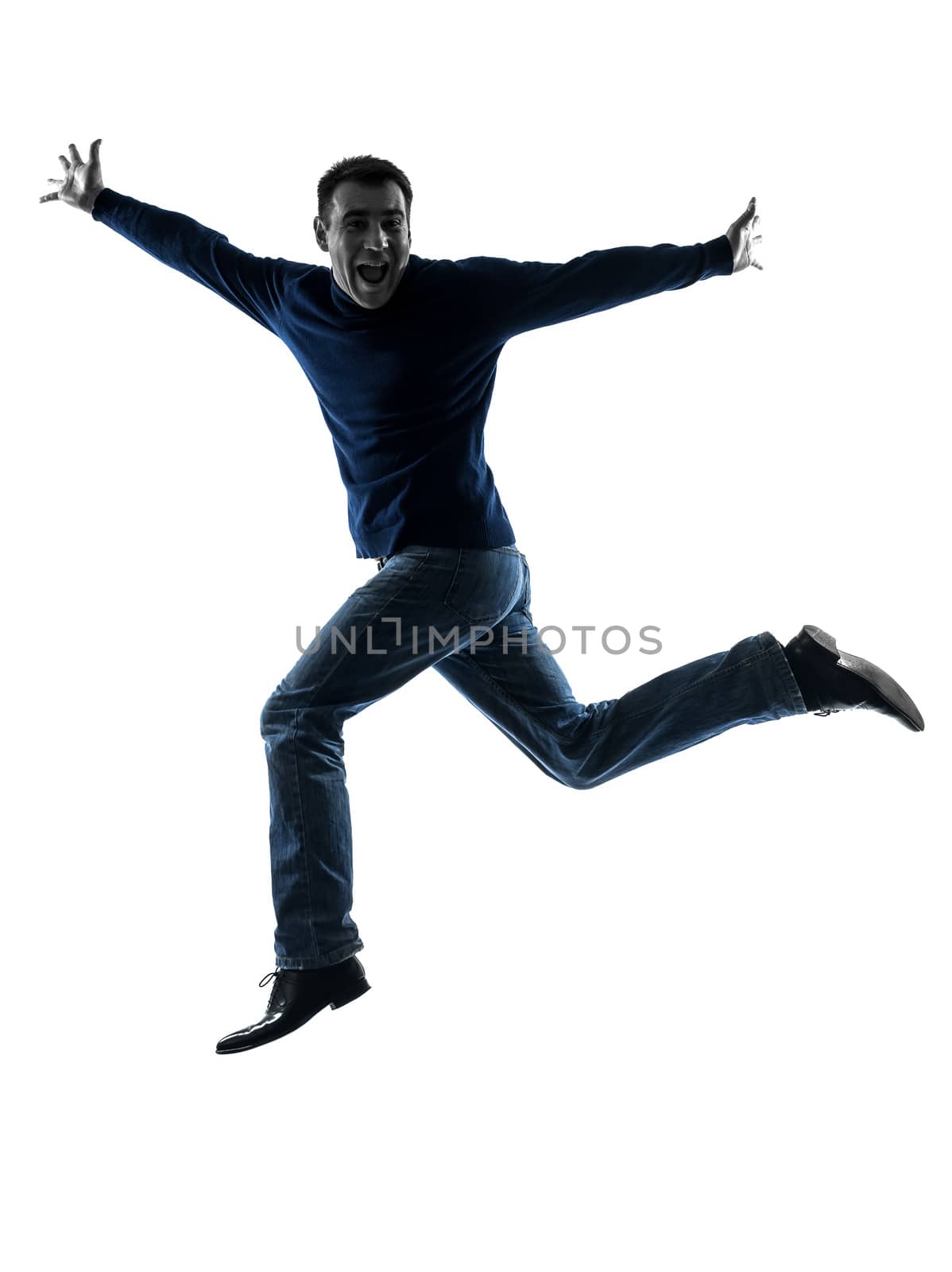 one caucasian man  saluting  full length in silhouette studio isolated on white background
