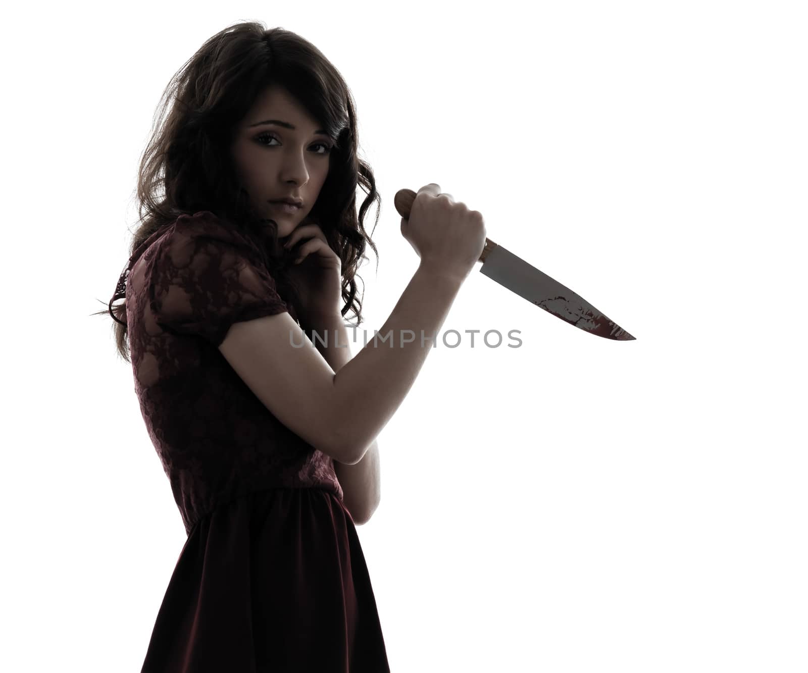 one caucasian strange young woman killer holding  bloody knife in silhouette white background