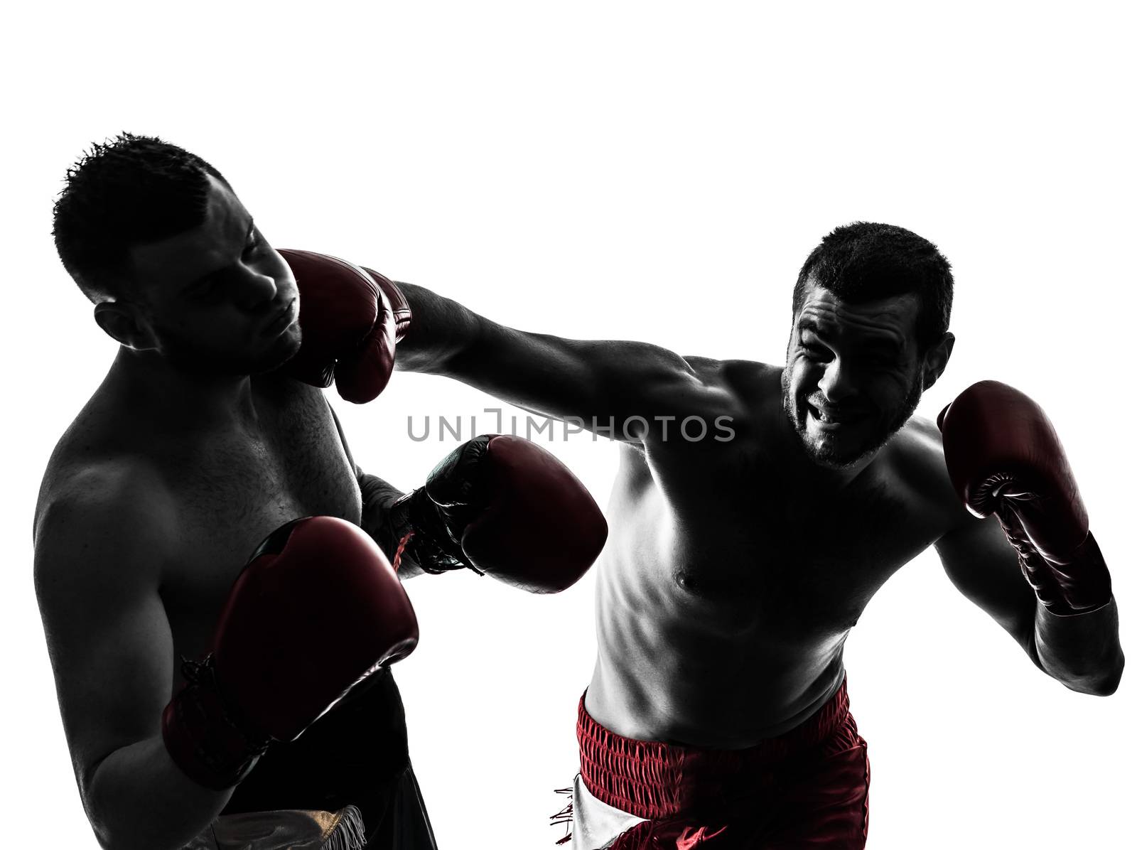 two caucasian  men exercising thai boxing in silhouette studio  on white background