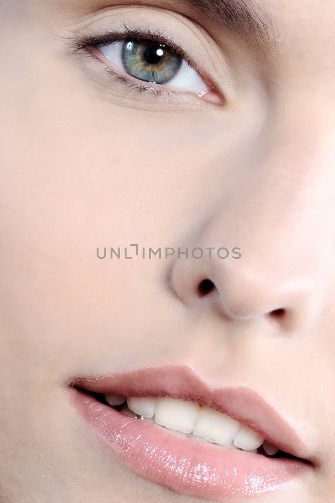 studio shot close up detail face of a beautiful young Caucasian woman