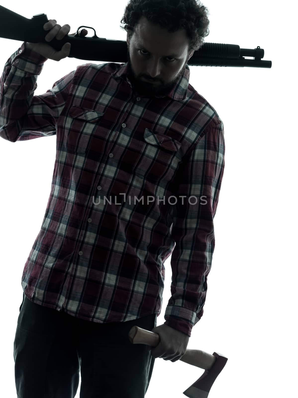 one man serial killer shotgun and axe  silhouette studio isolated on white background