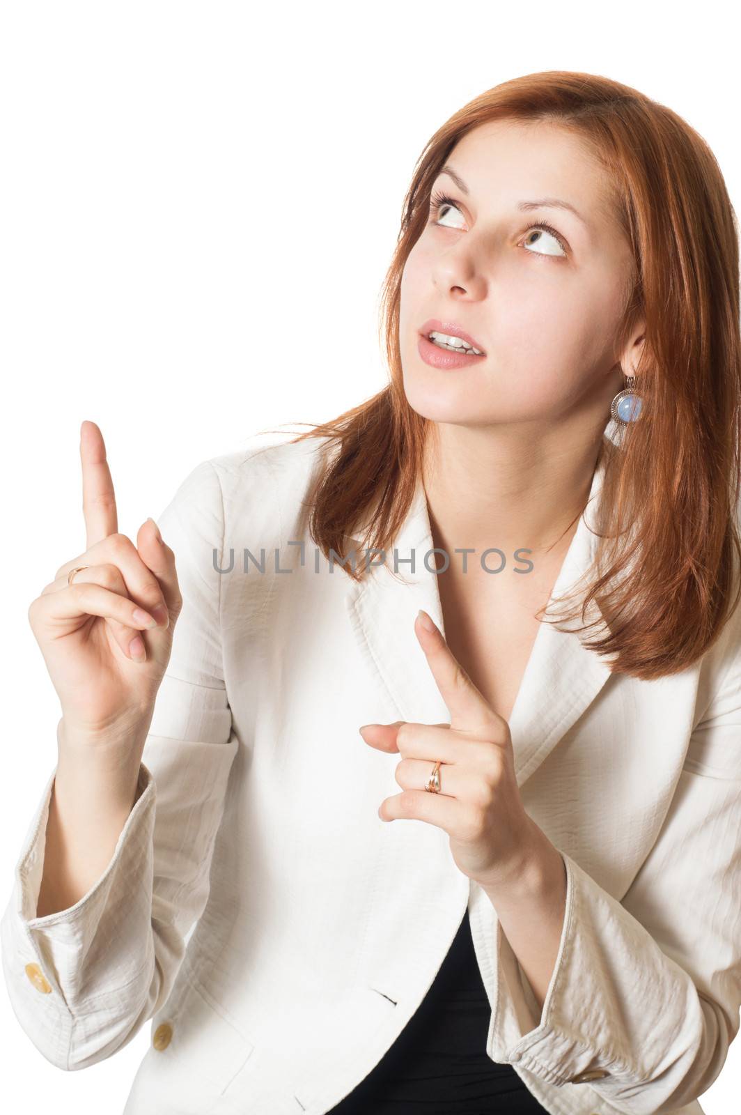 girl looks and shows an index finger upwards