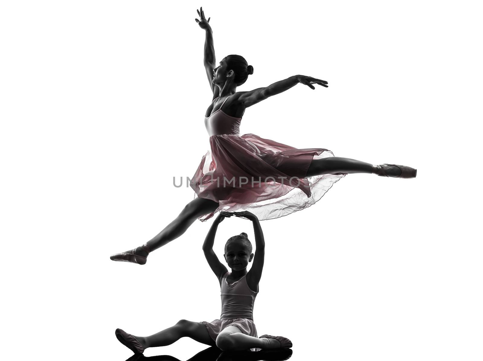 woman and  little girl   ballerina ballet dancer dancing in silhouette on white background