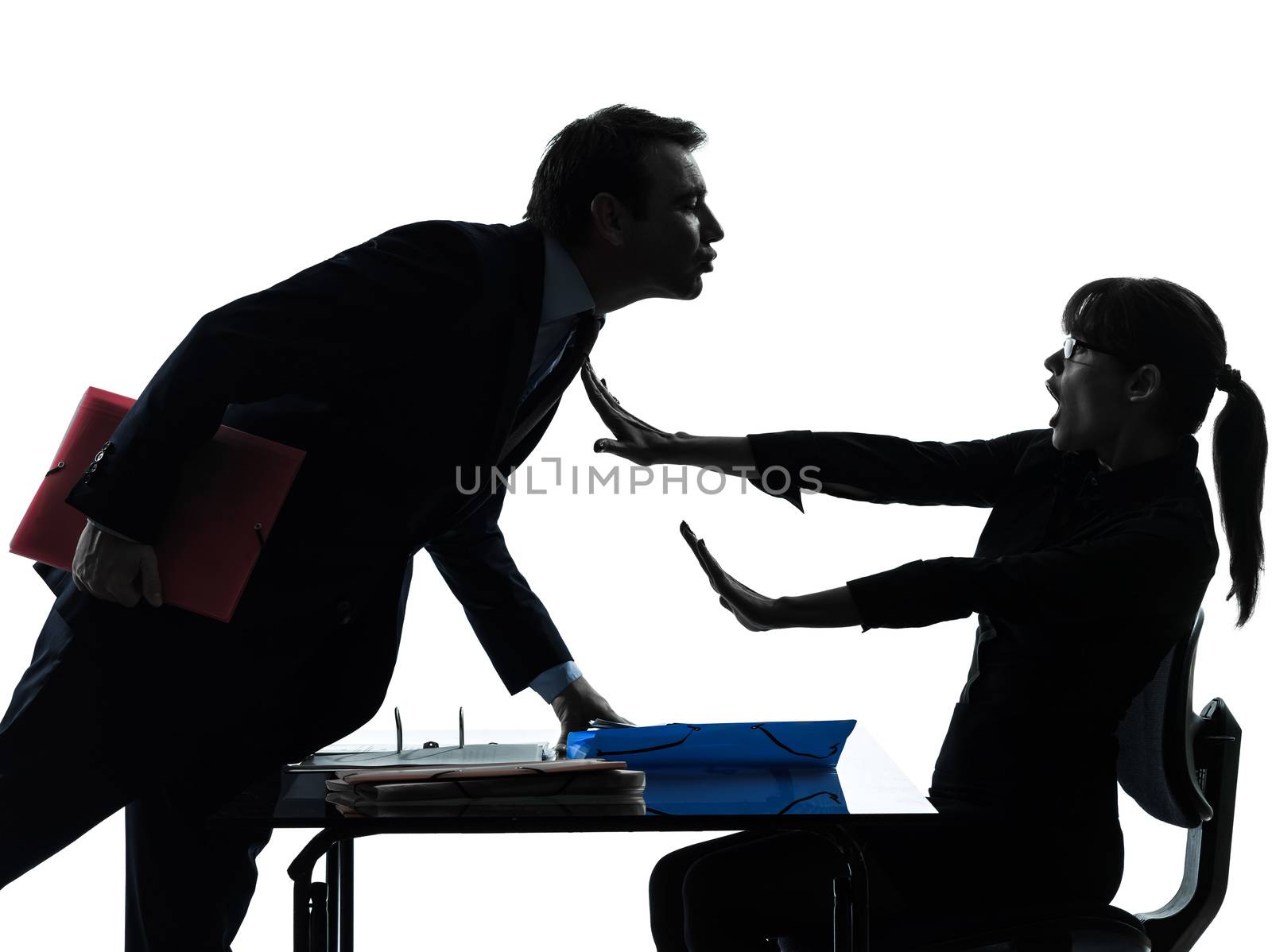 business woman man couple sexual harassment silhouette by PIXSTILL