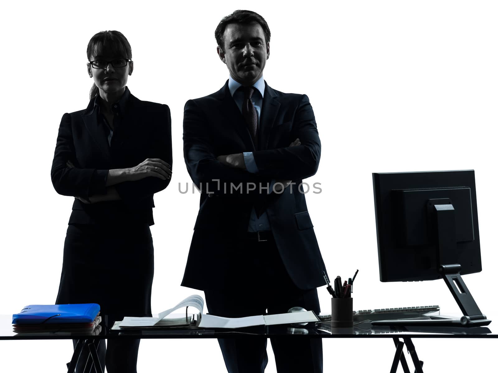 one caucasian busy smiling business woman man couple  in silhouette studio isolated on white background