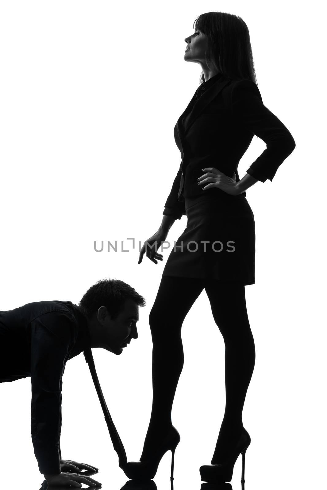 one caucasian couple woman seductress bonding concept  in silhouette studio isolated on white background