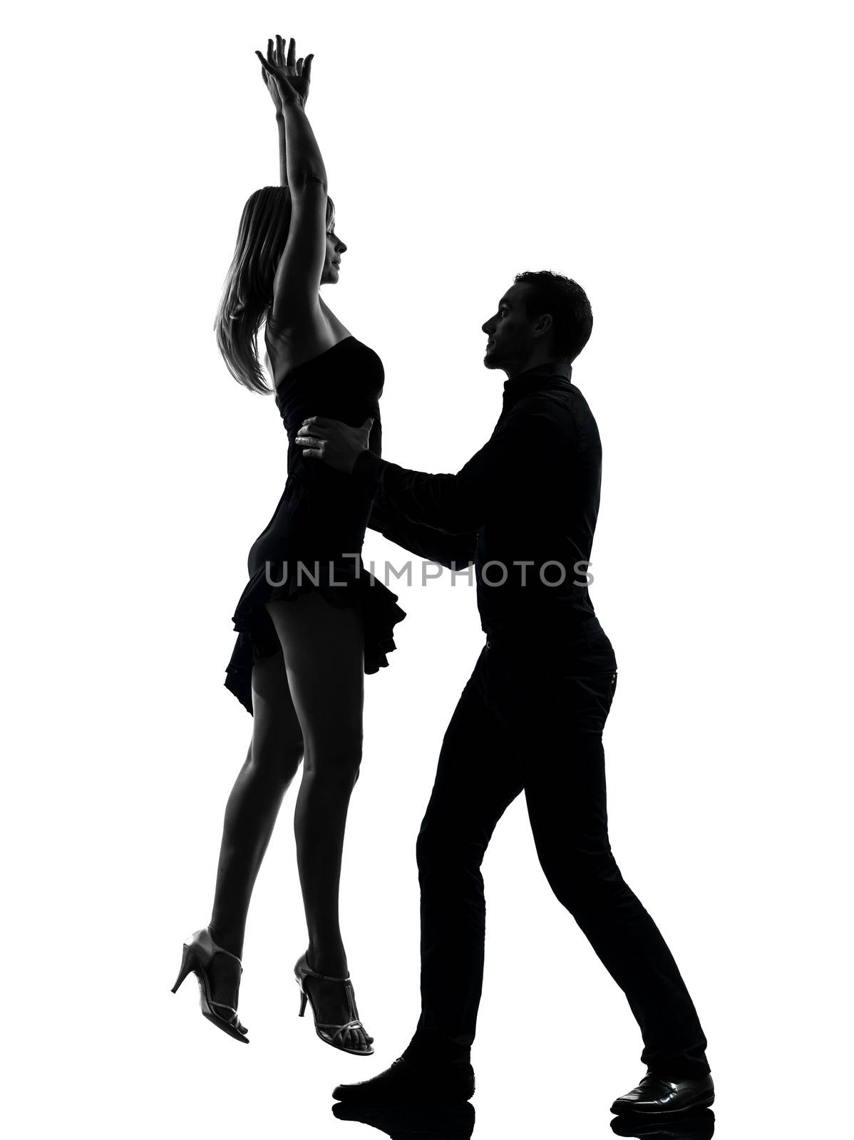 one caucasian couple woman man dancing dancers salsa rock  in silhouette studio isolated on white background
