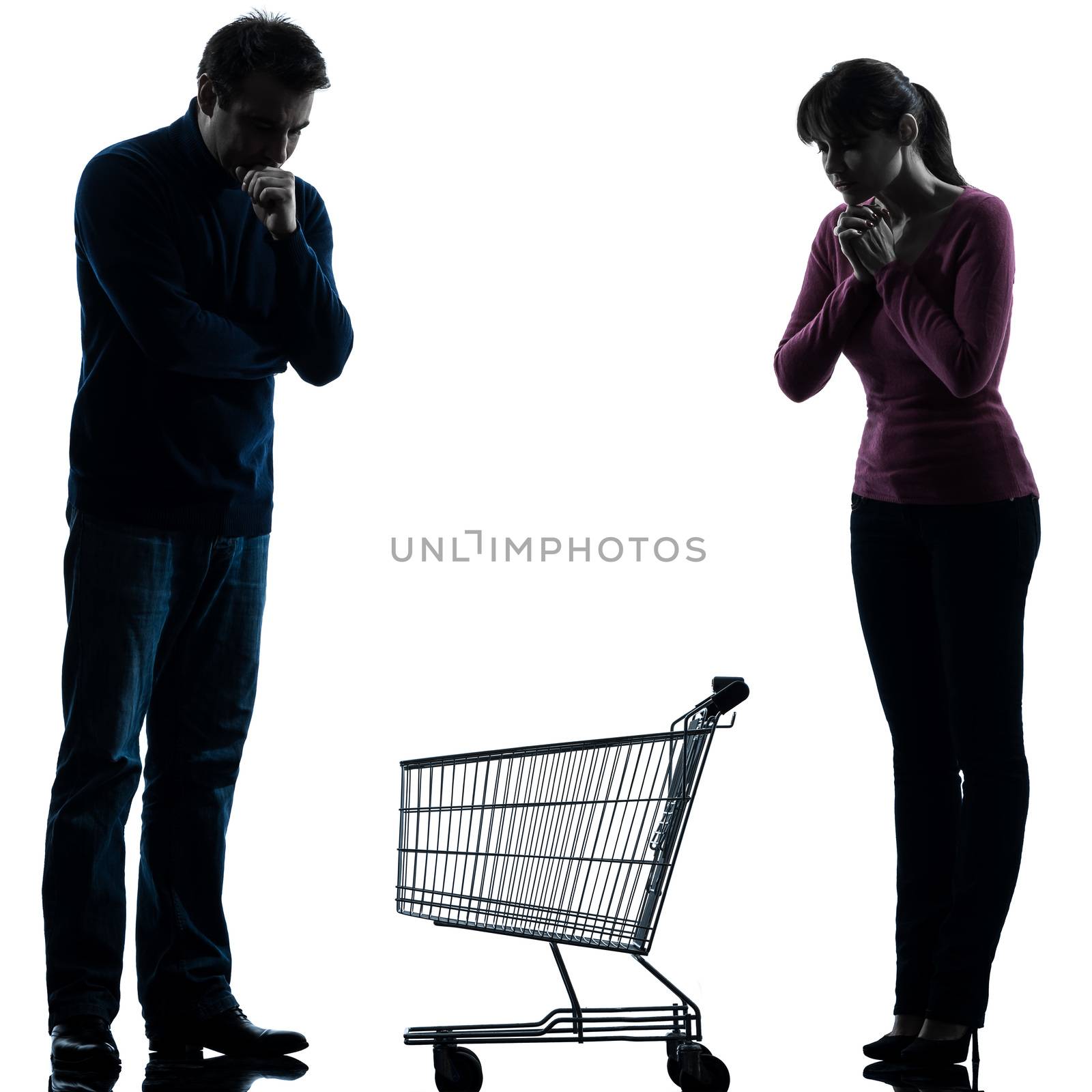 couple woman man sad with empty shopping cart silhouette by PIXSTILL