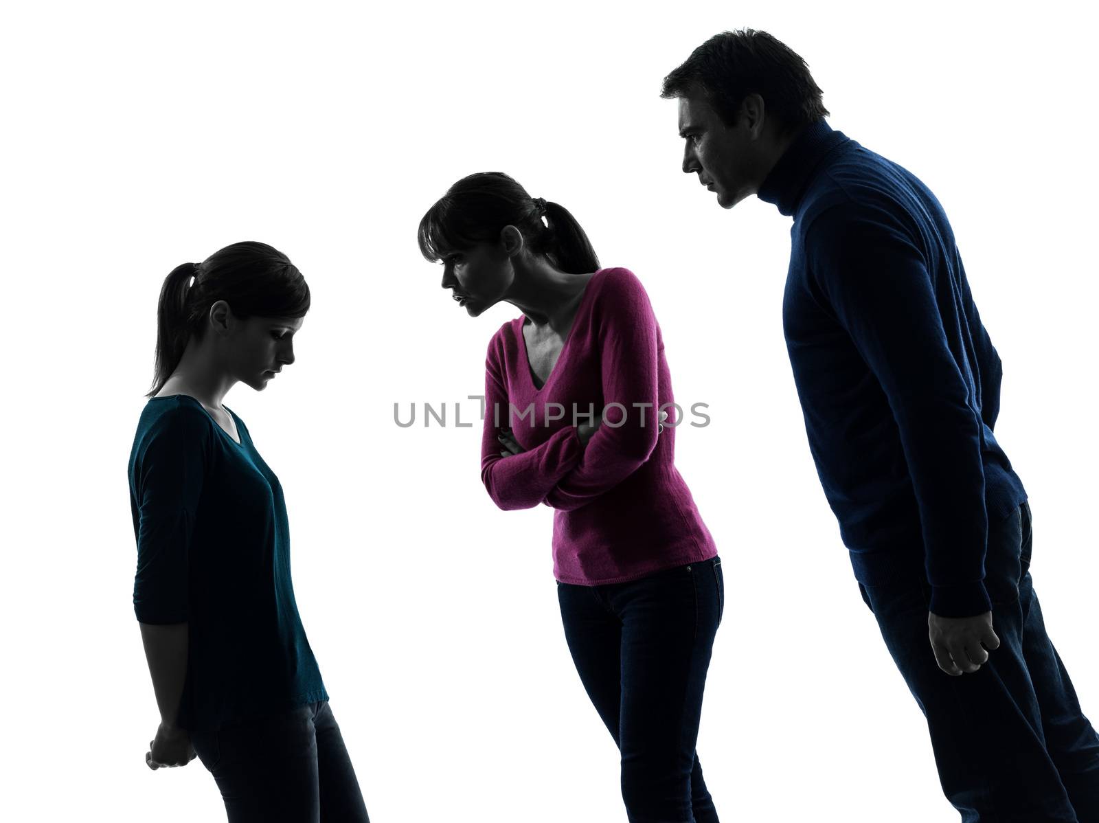 one caucasian family father mother daughter man dispute reproach in silhouette studio isolated on white background