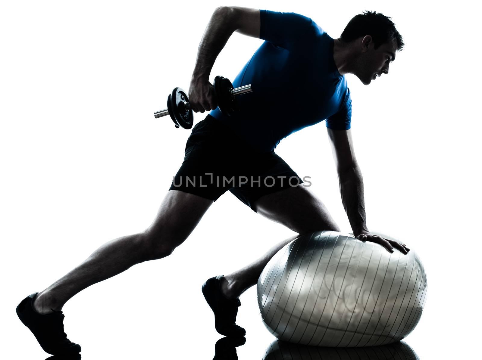 one caucasian man exercising weight training workout fitness in silhouette studio  isolated on white background