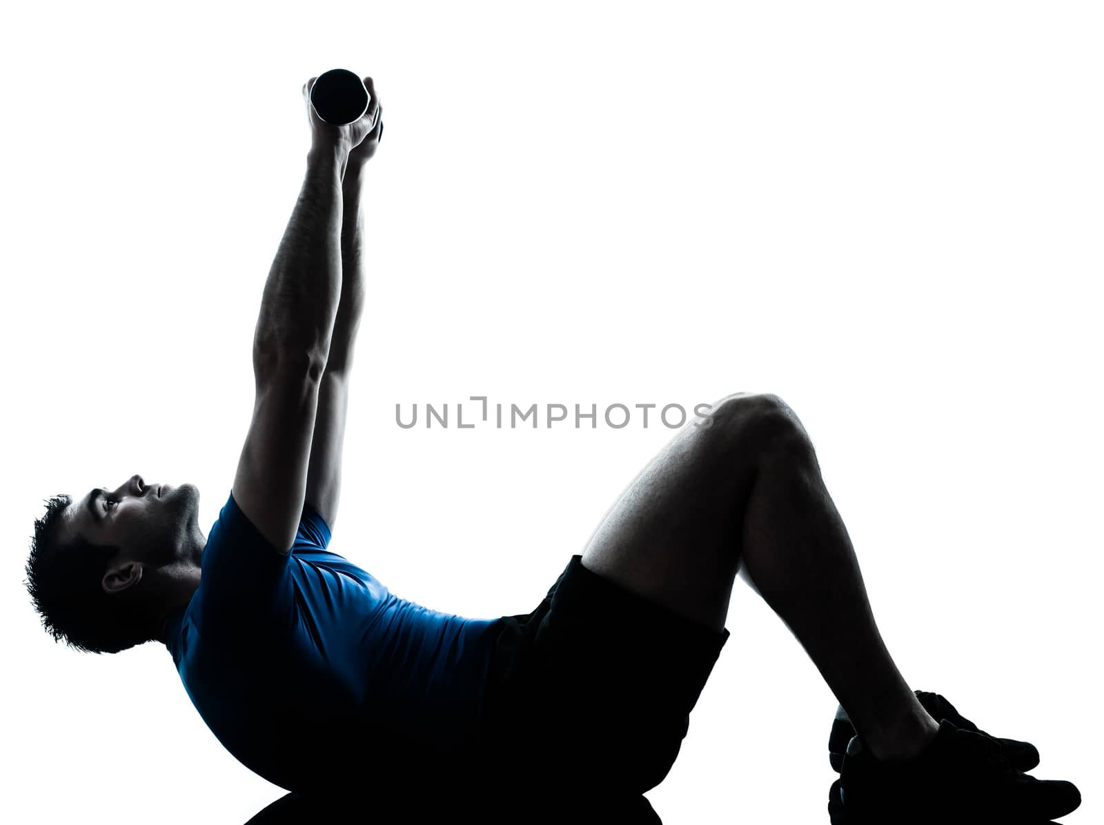 one caucasian man exercising workout fitness in silhouette studio  isolated on white background