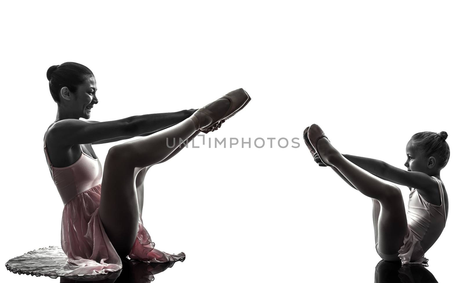 woman and  little girl   ballerina ballet dancer dancing in silhouette on white background
