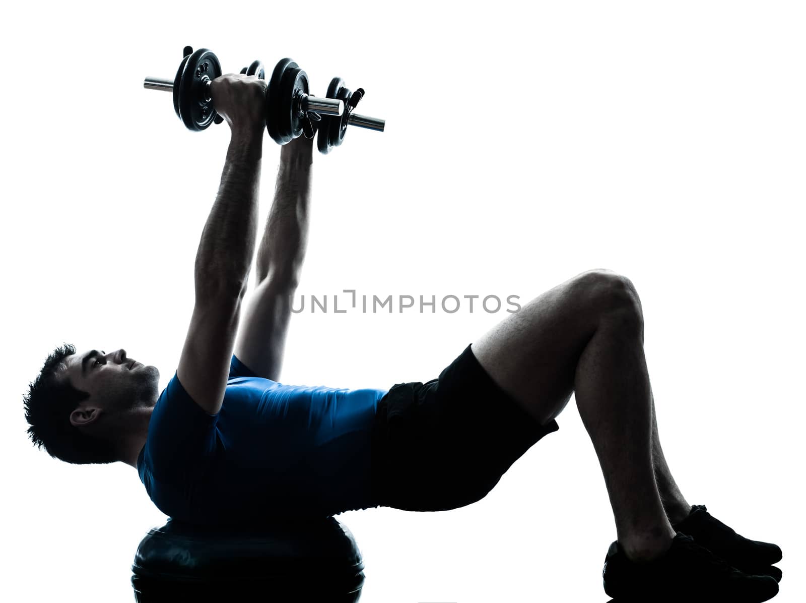 one caucasian man exercising weight training on bosu workout fitness in silhouette studio  isolated on white background