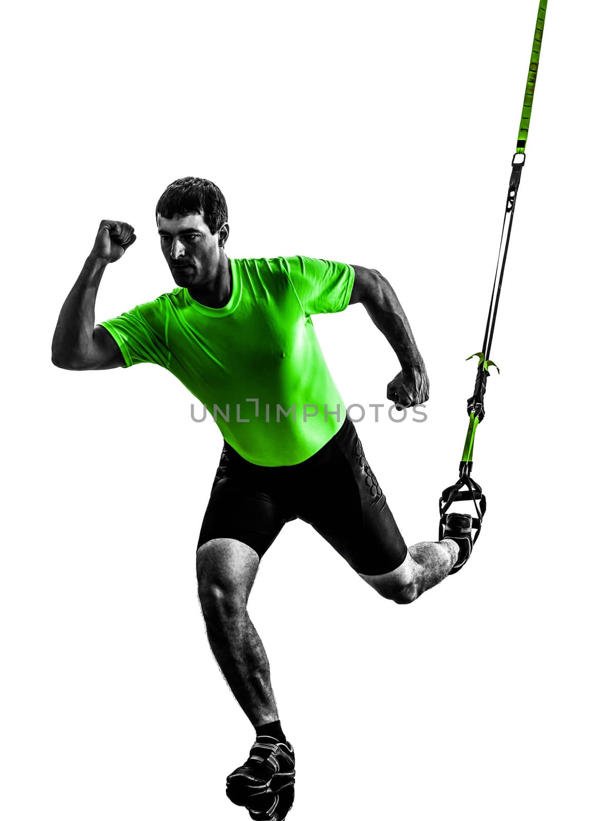 one caucasian man exercising   suspension training  trx   on white background