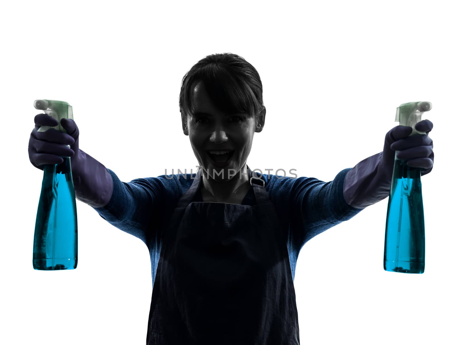 one caucasian woman maid window cleaning sprayer   in silhouette studio isolated on white background