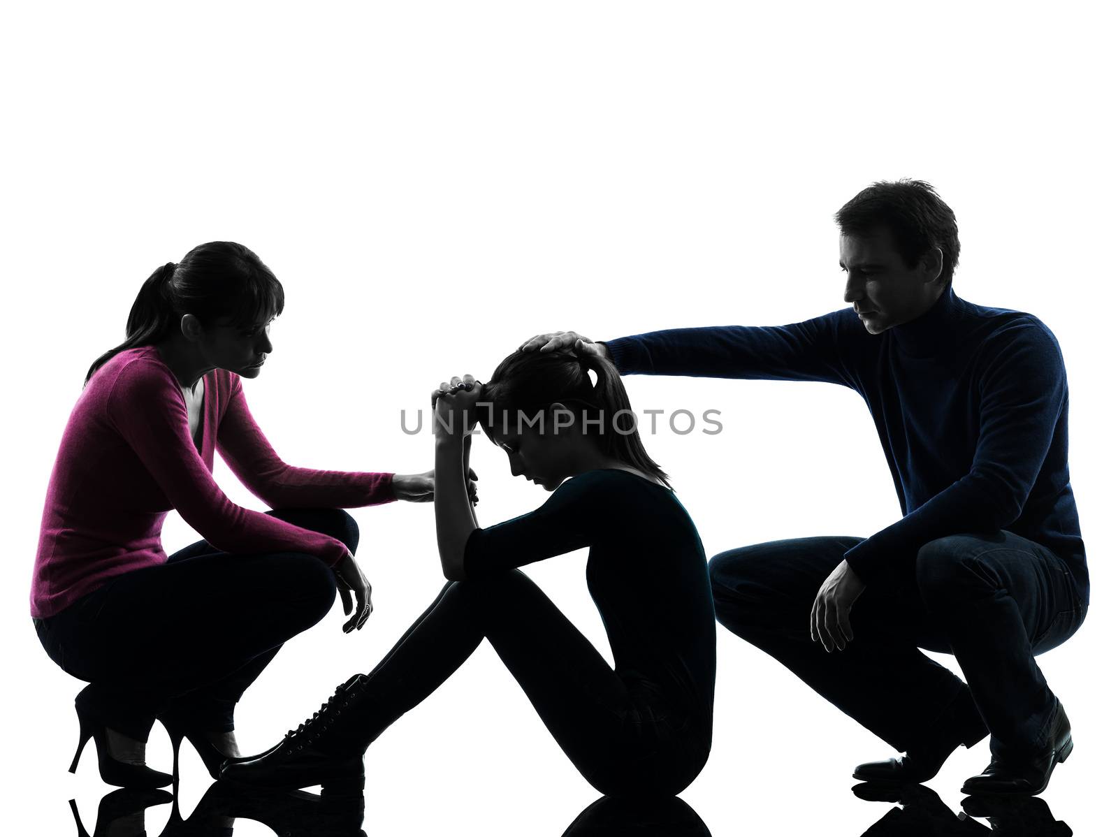 one caucasian family father mother consoling daughter  in silhouette studio isolated on white background