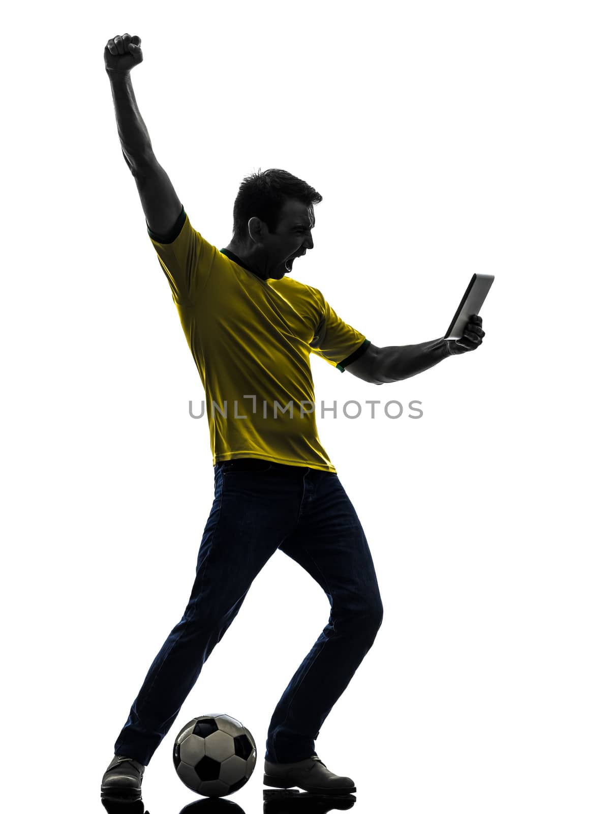 one caucasian man holding digital tablet   in silhouette on white background