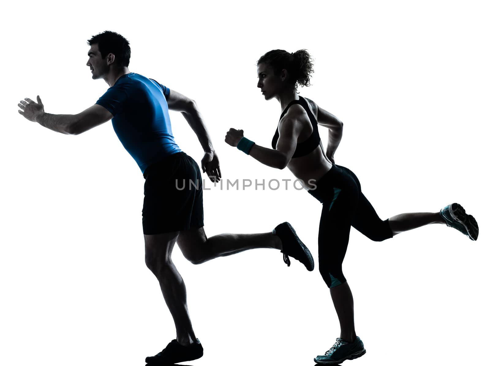 one caucasian couple man woman personal trainer coach runner running jogging sprinting silhouette studio isolated on white background