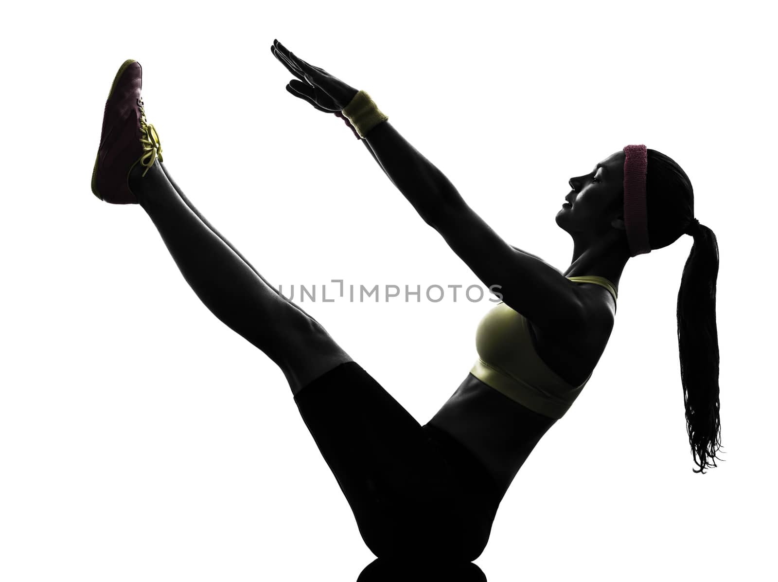 one  woman exercising crunches fitness workout boat position yoga in silhouette  on white background