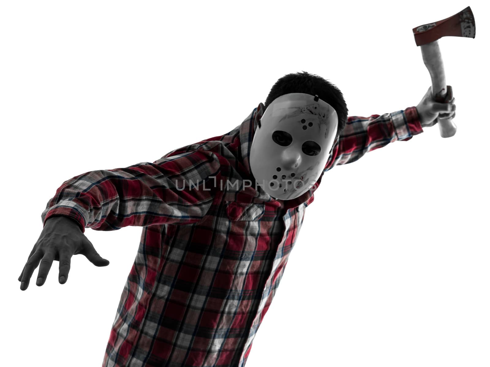 one caucasian man serial killer with mask portrait in silhouette studio isolated on white background