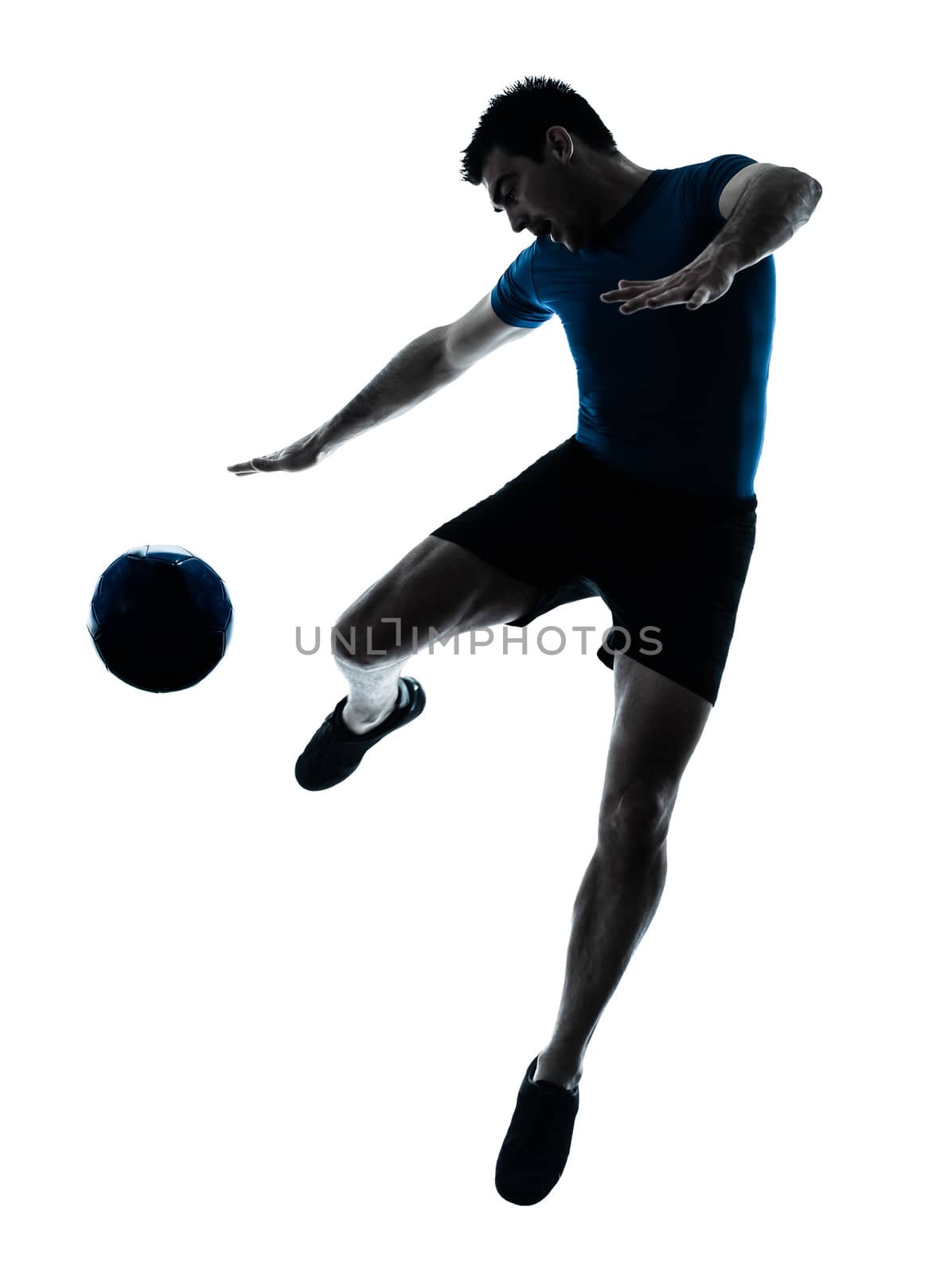 one caucasian man flying kicking playing soccer football player silhouette  in studio isolated on white background
