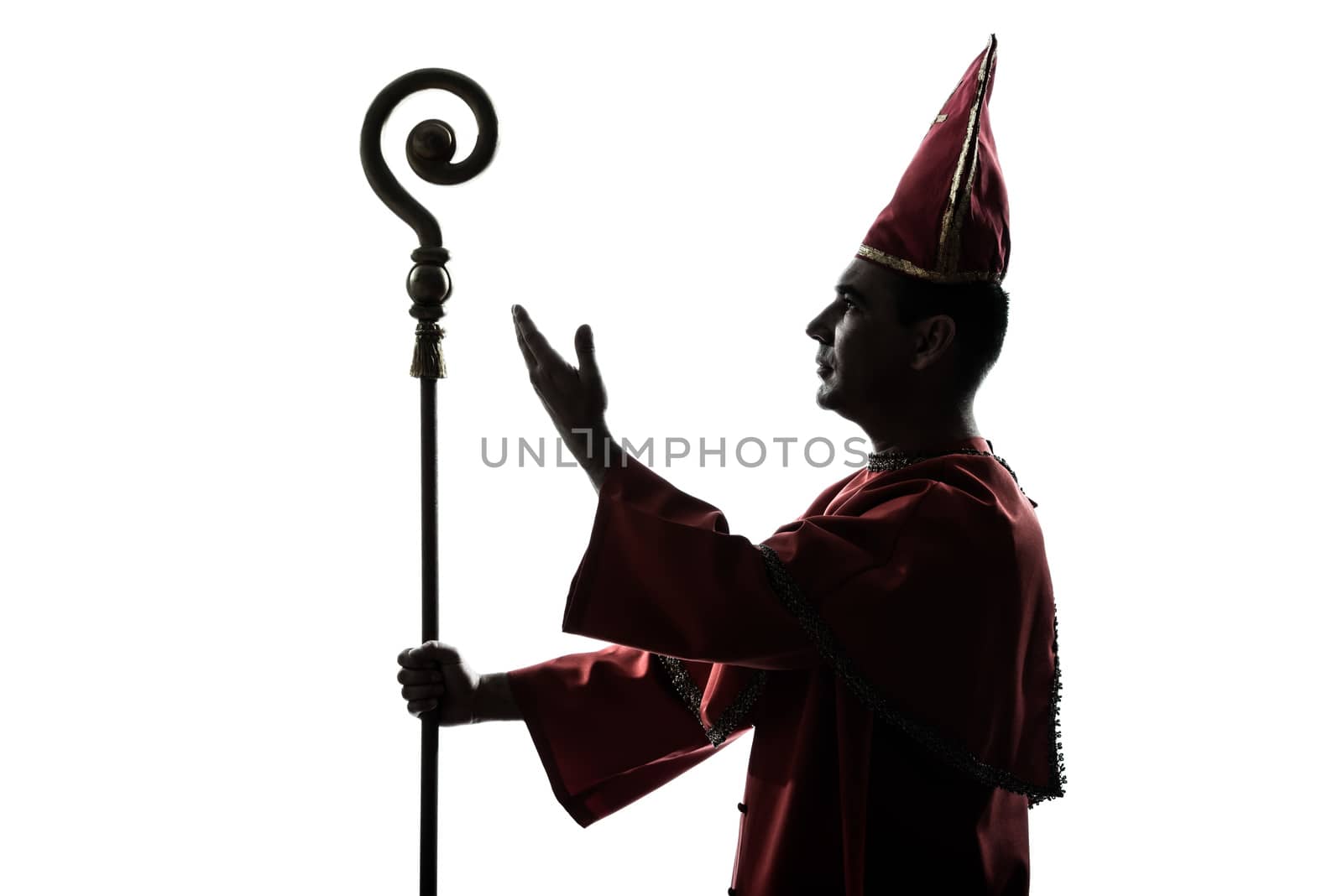 one man cardinal bishop silhouette saluting blessing in studio isolated on white background