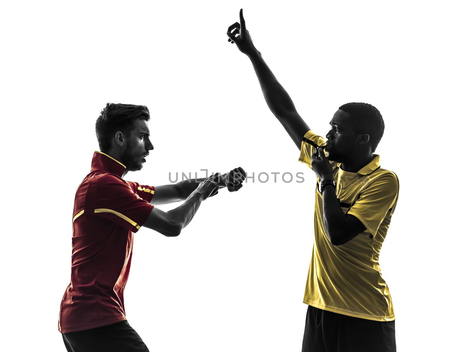 two men soccer player and referee blowing whistle in silhouette  on white background