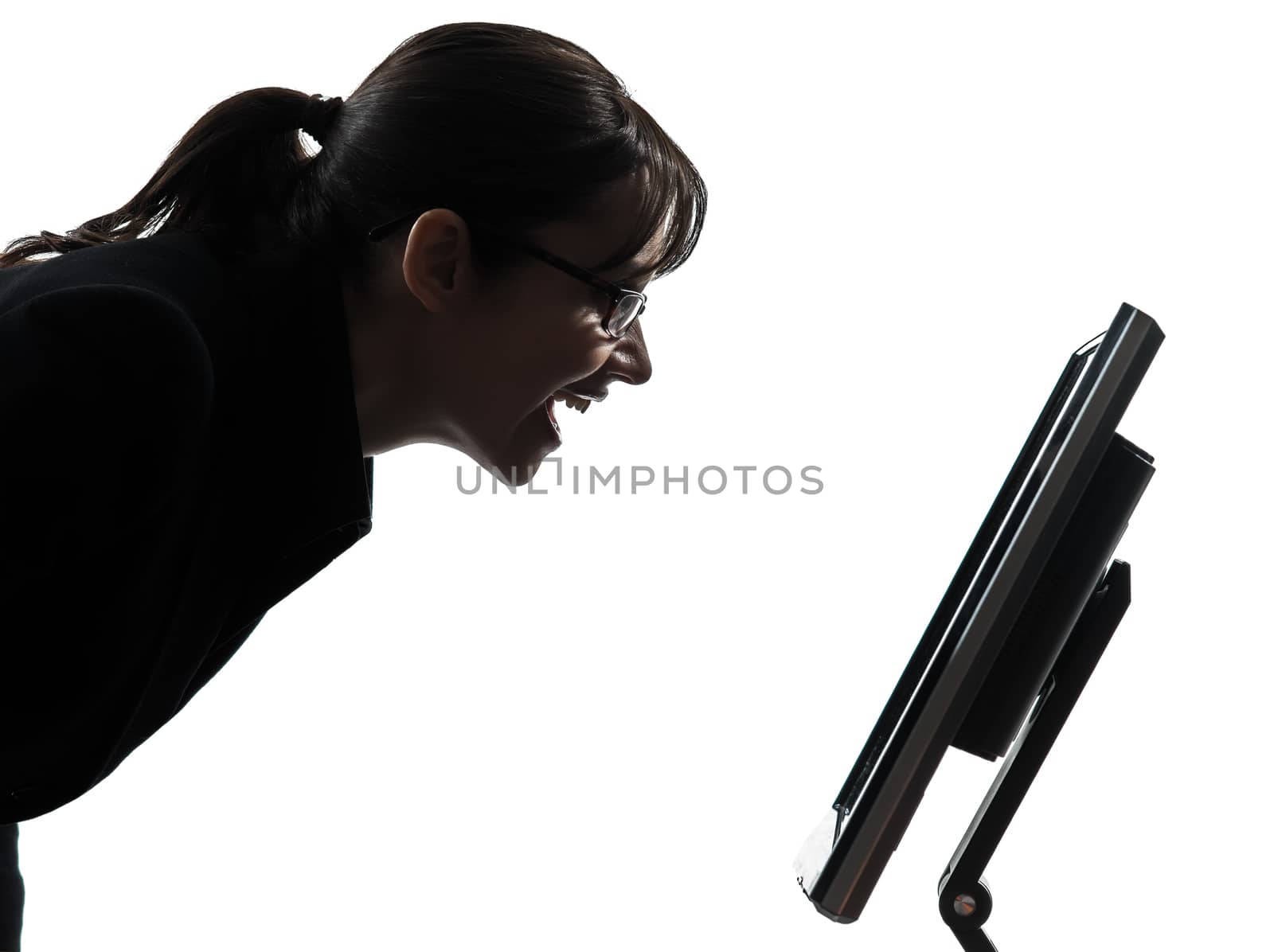 one business woman computer computing   silhouette studio isolated on white background