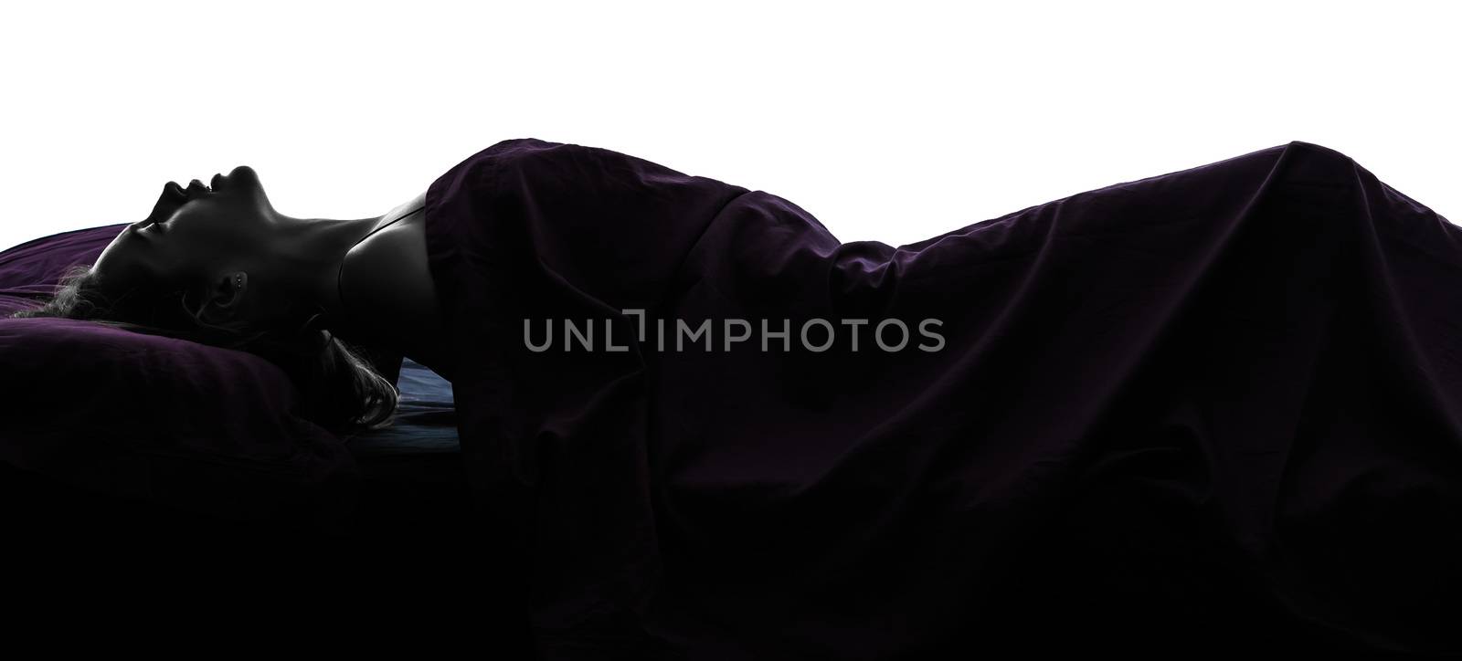 one woman in bed masturbating silhouette studio on white background
