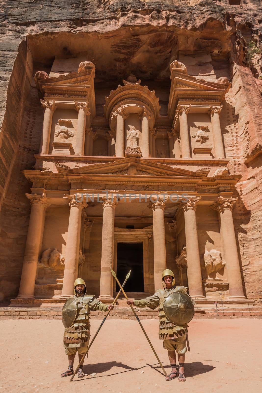 Petra, Jordan - May 11, 2013 nabatean soldiers in front Al Khazneh or The Treasury in nabatean petra jordan middle east