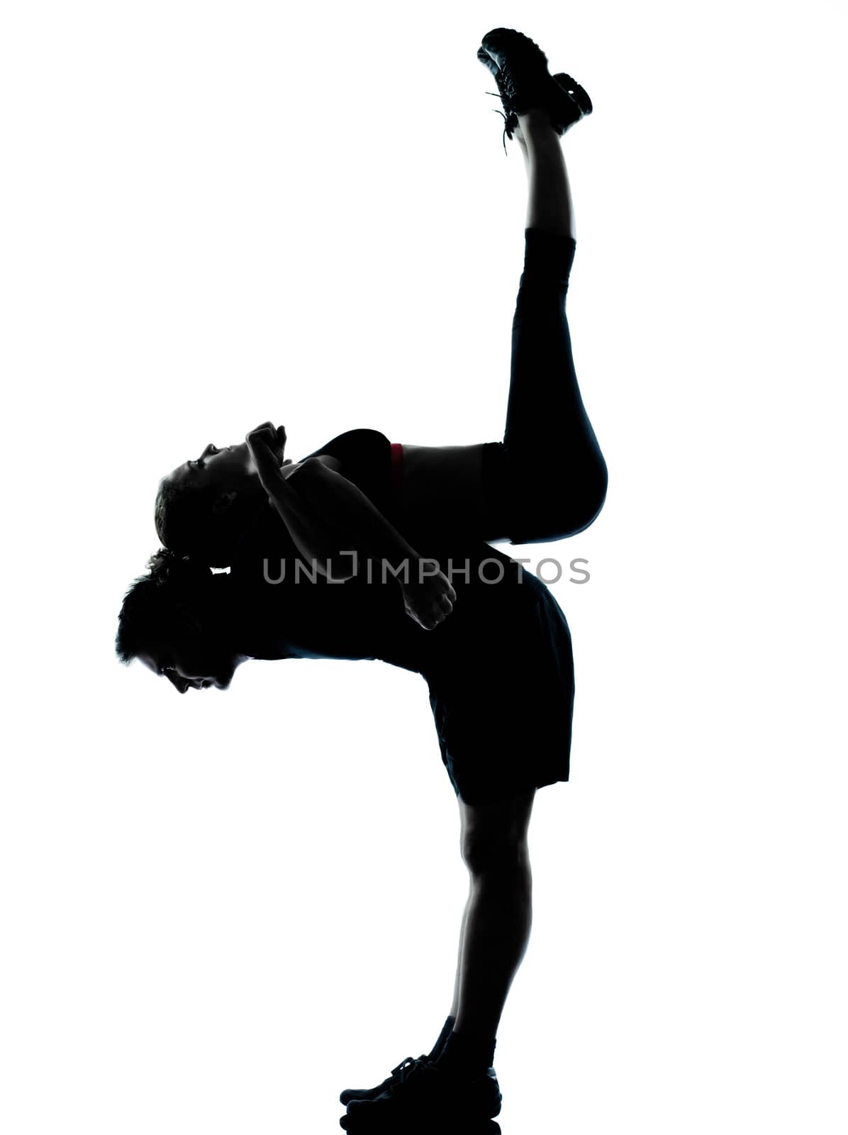one couple man woman exercising workout aerobic fitness posture full length silhouette on studio isolated on white background