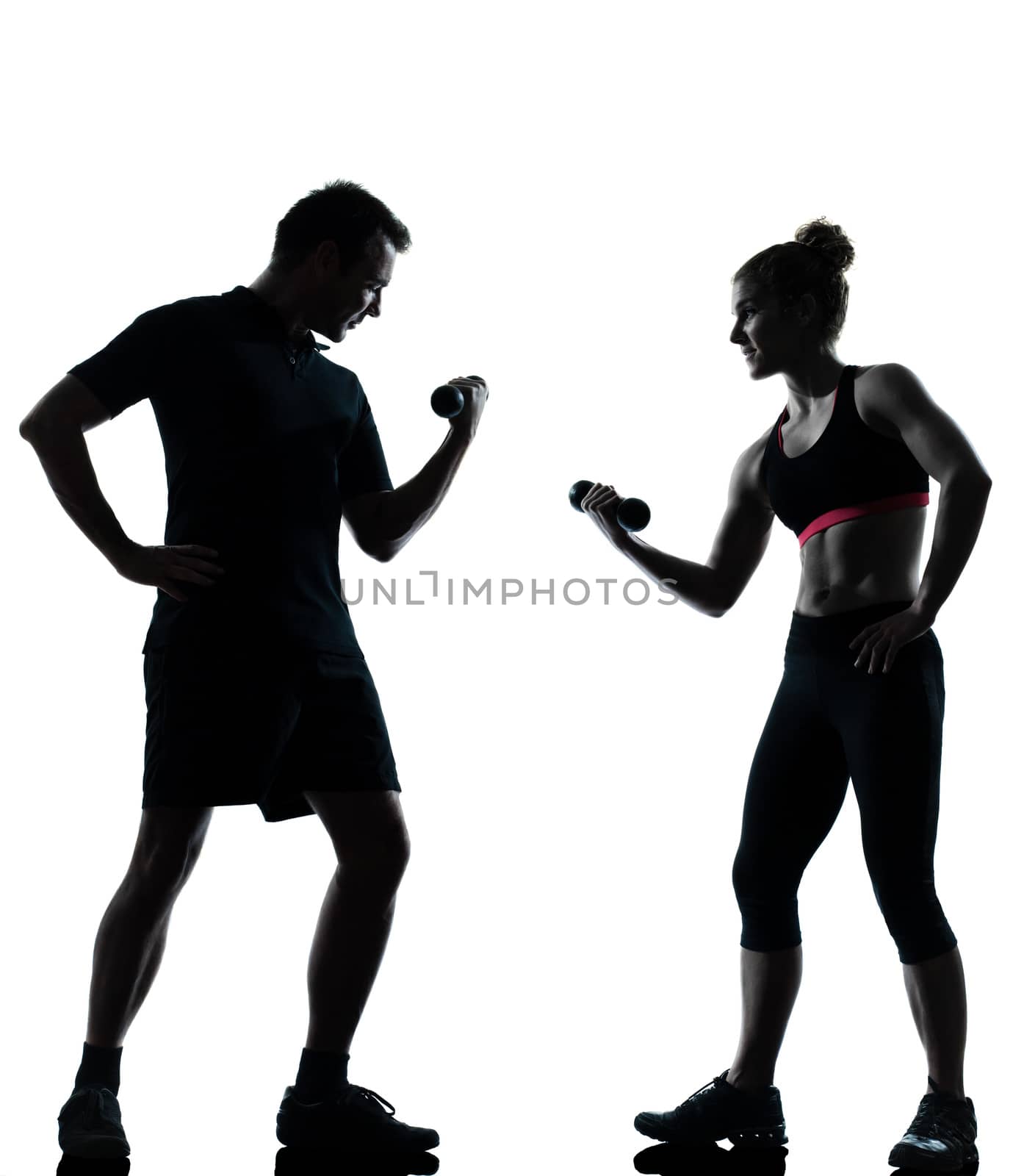 one couple man woman exercising workout aerobic fitness posture full length silhouette on studio isolated on white background