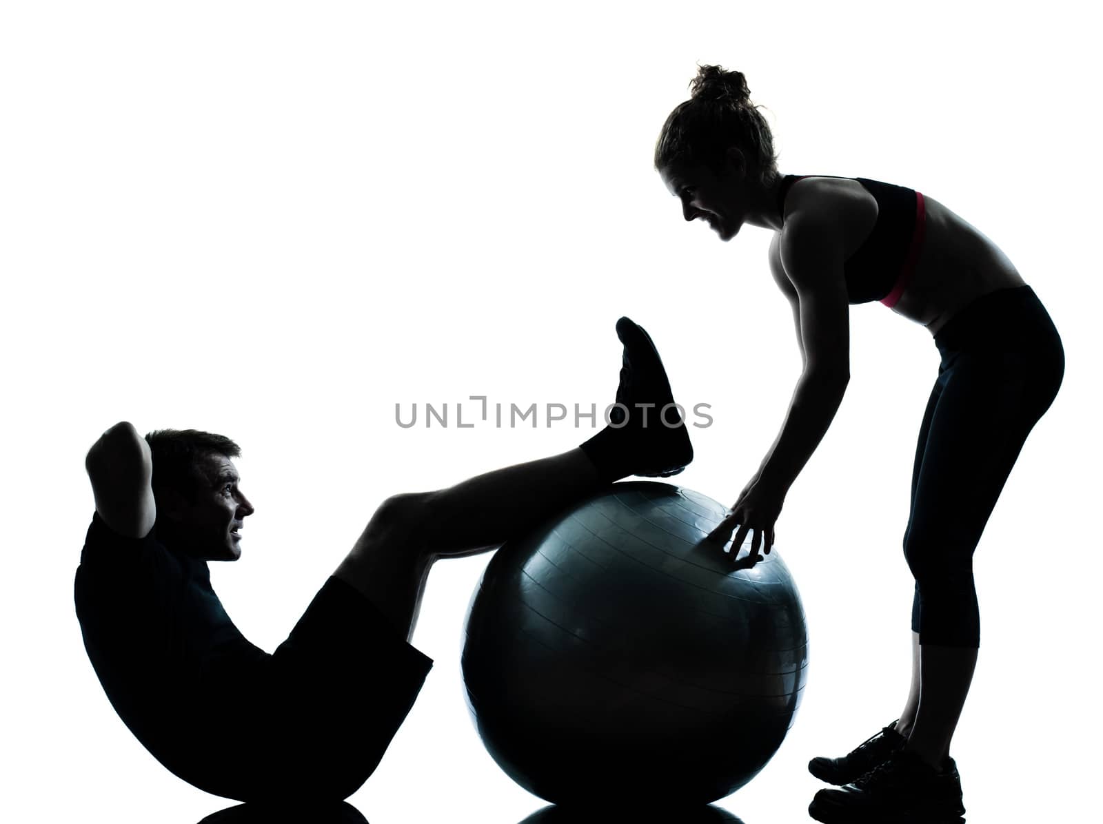 one couple man woman exercising workout aerobic fitness posture full length silhouette on studio isolated on white background