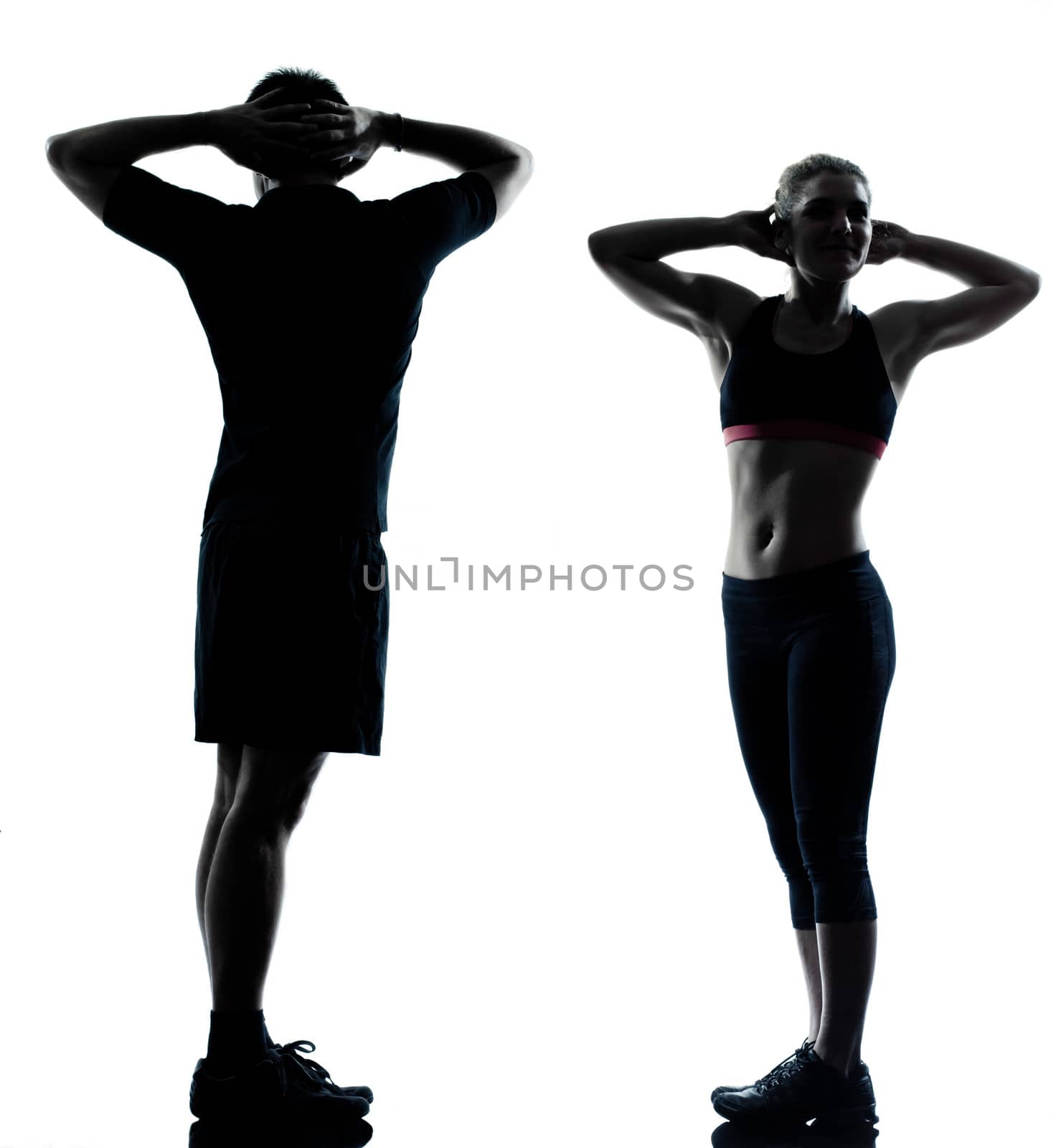 one couple man woman exercising workout aerobic fitness posture full length silhouette on studio isolated on white background