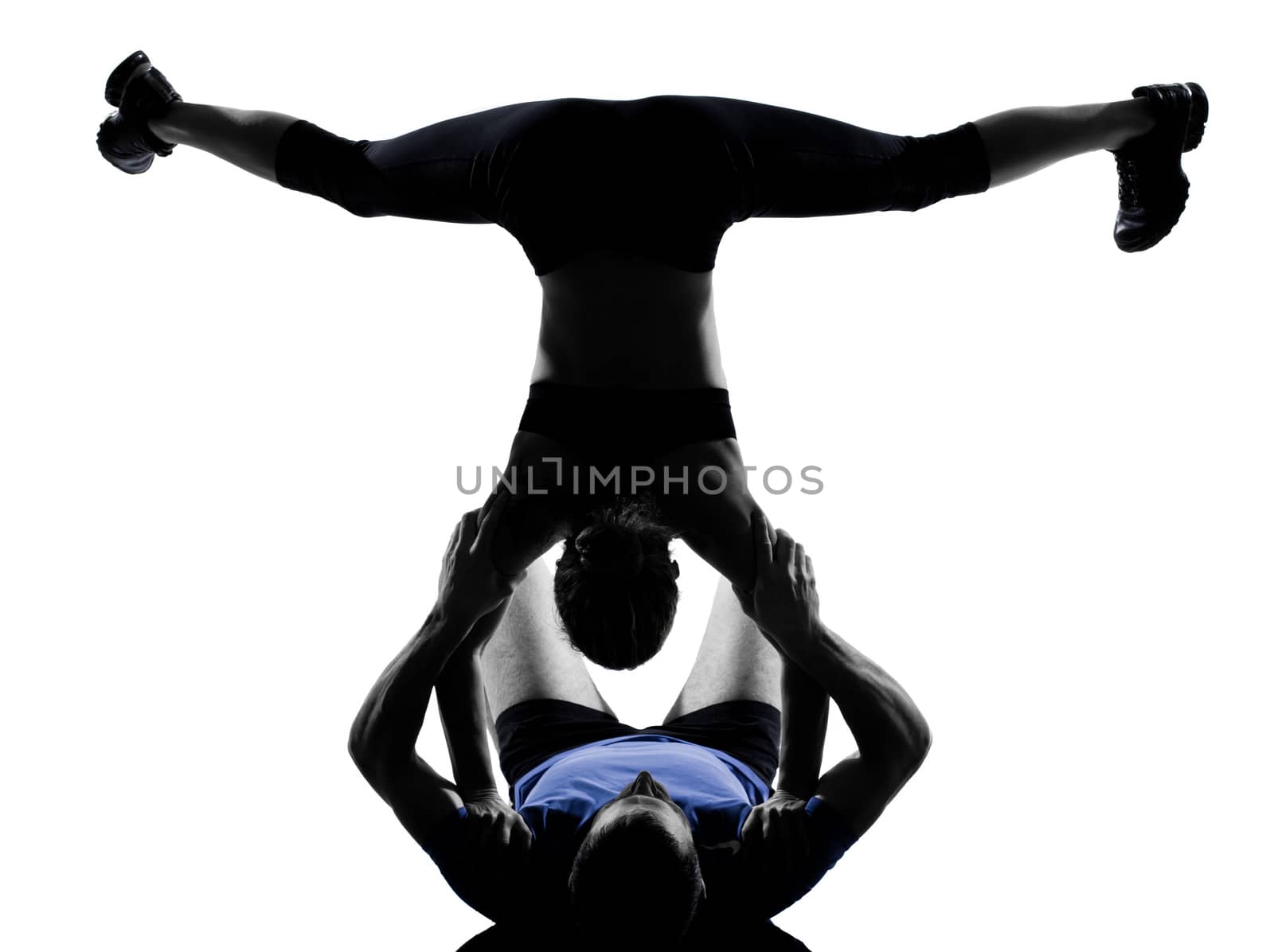 couple woman man exercising workout fitness aerobics posture in silhouette studio isolated on white background