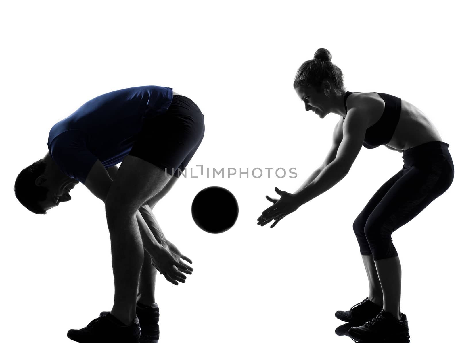 couple woman man exercising workout fitness aerobics posture in silhouette studio isolated on white background